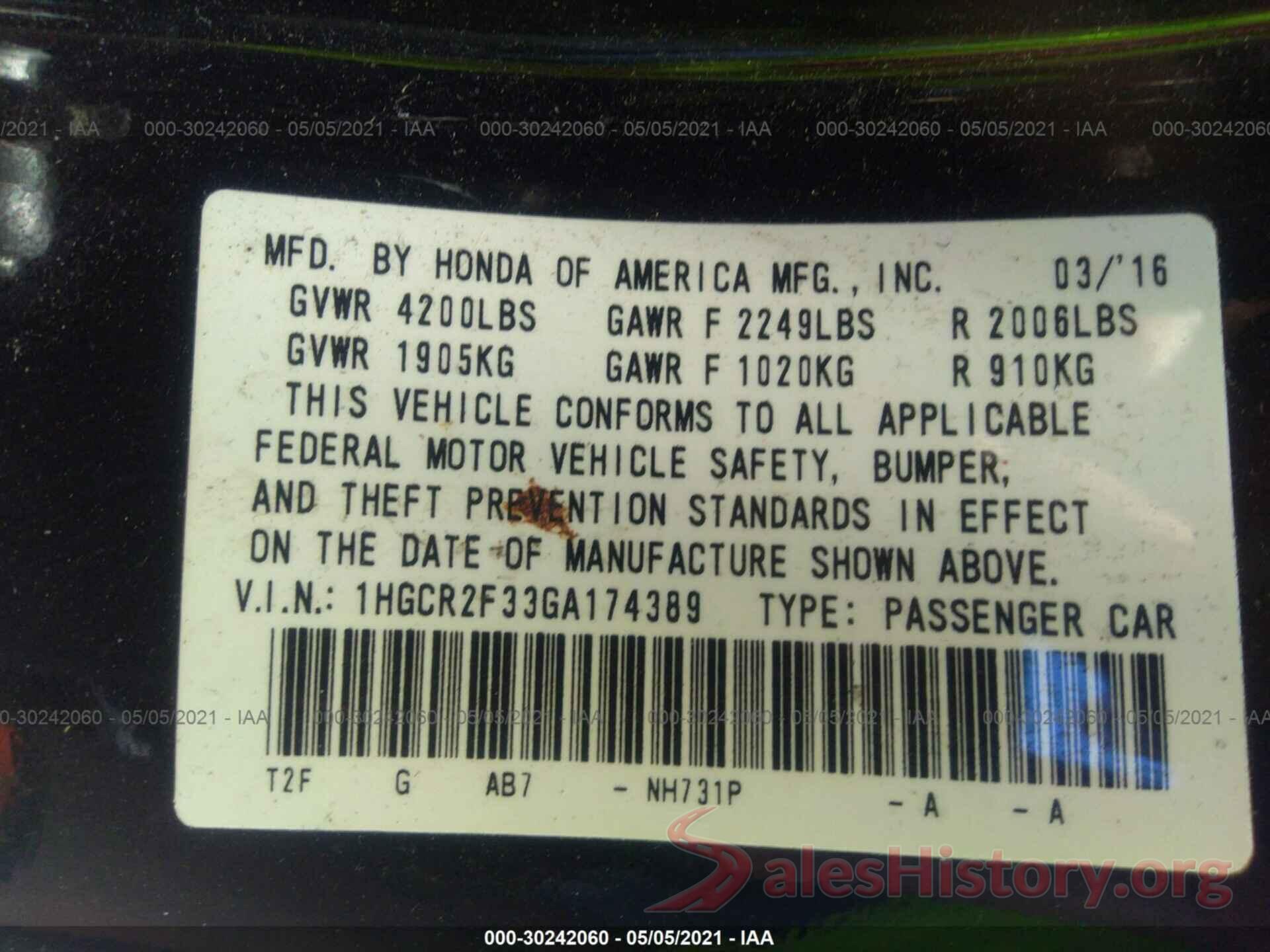 1HGCR2F33GA174389 2016 HONDA ACCORD SEDAN