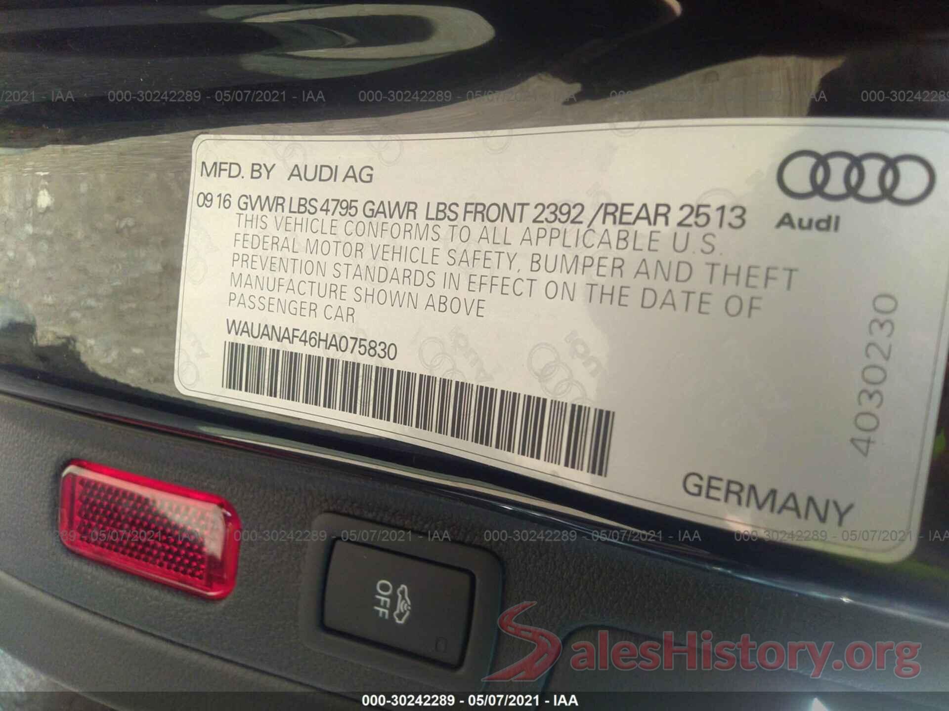 WAUANAF46HA075830 2017 AUDI A4