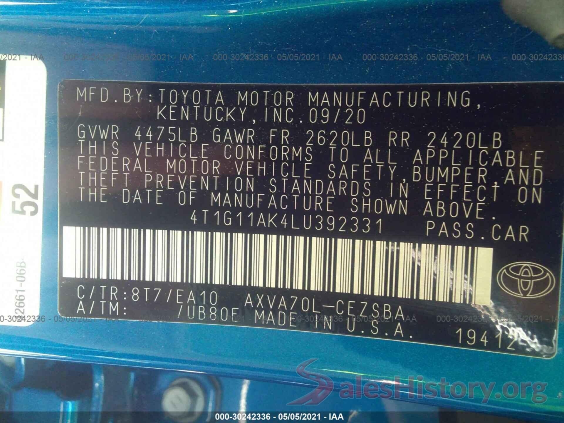 4T1G11AK4LU392331 2020 TOYOTA CAMRY