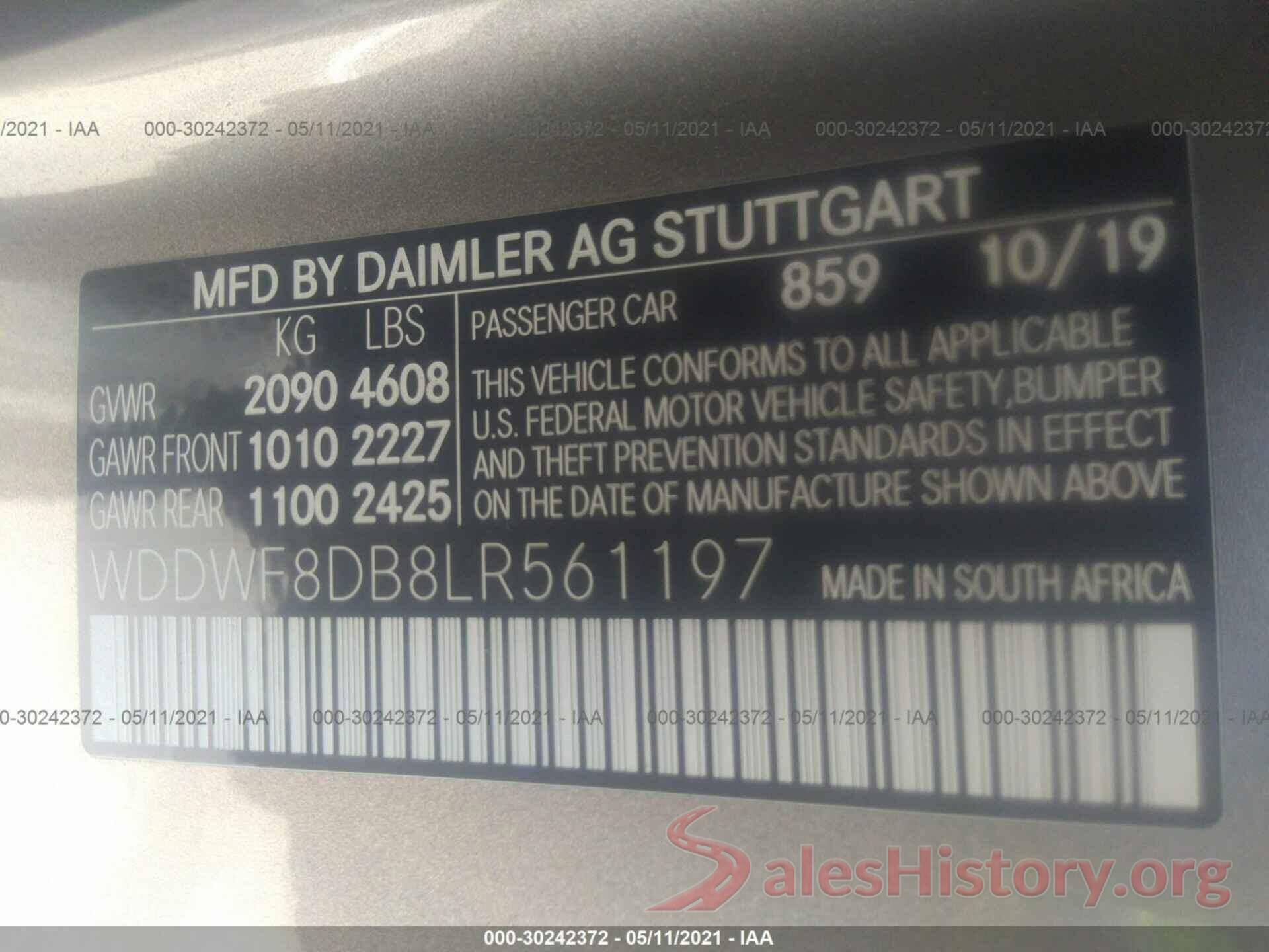 WDDWF8DB8LR561197 2020 MERCEDES-BENZ C-CLASS