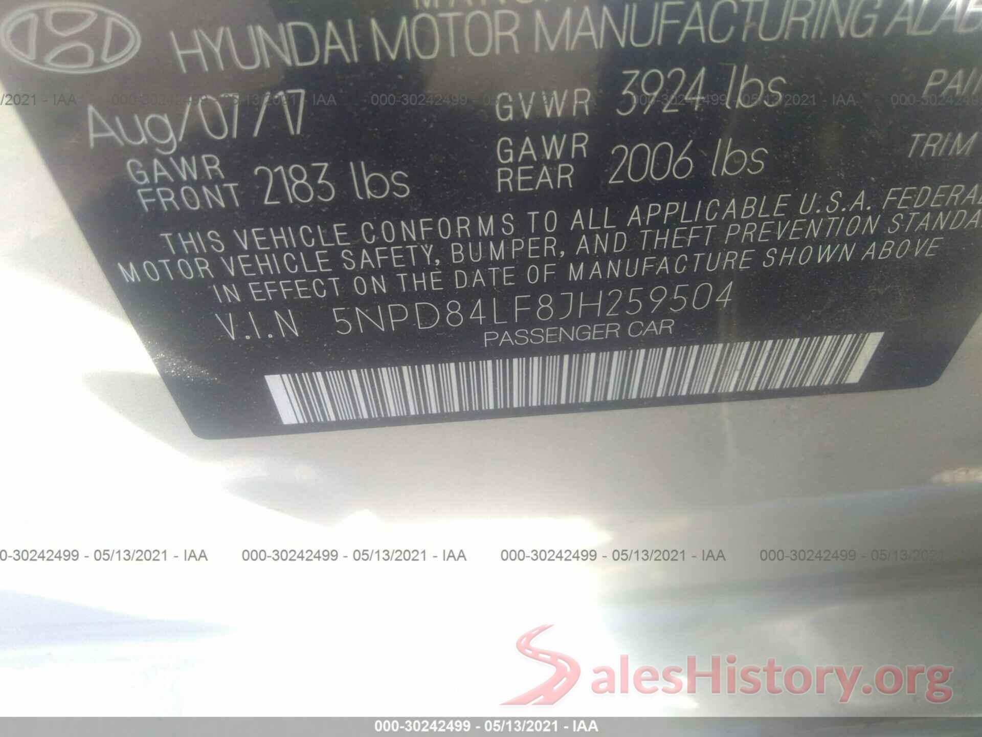 5NPD84LF8JH259504 2018 HYUNDAI ELANTRA