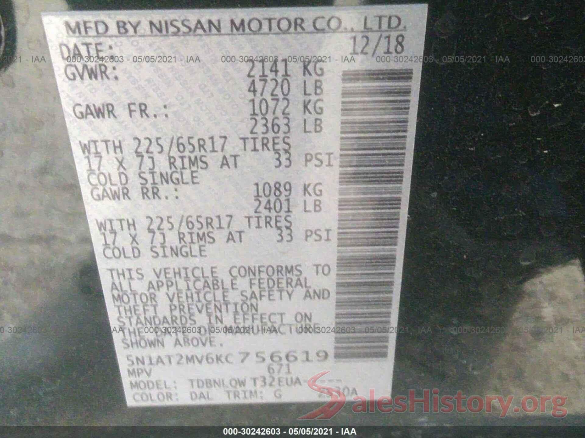 5N1AT2MV6KC756619 2019 NISSAN ROGUE