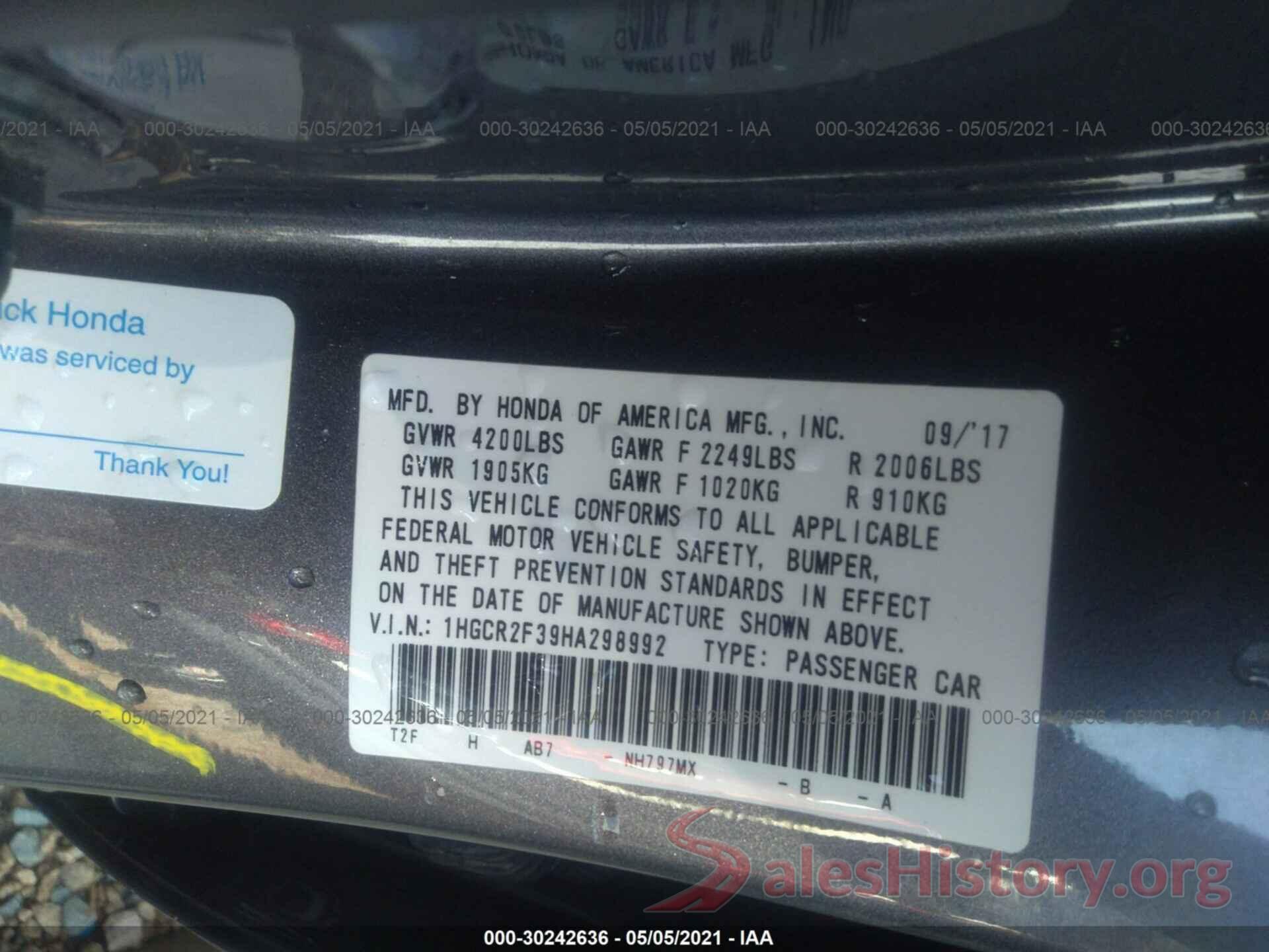 1HGCR2F39HA298992 2017 HONDA ACCORD SEDAN