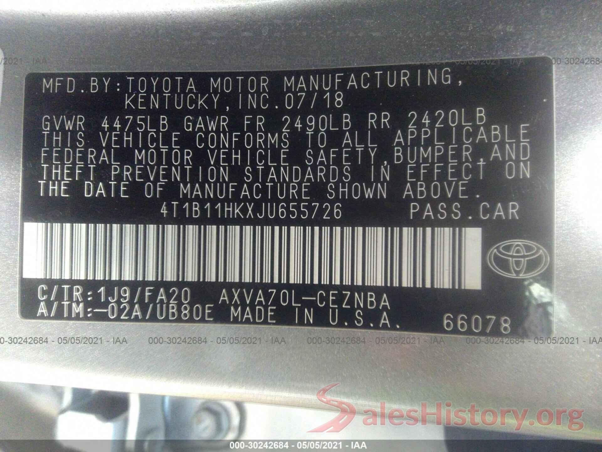 4T1B11HKXJU655726 2018 TOYOTA CAMRY