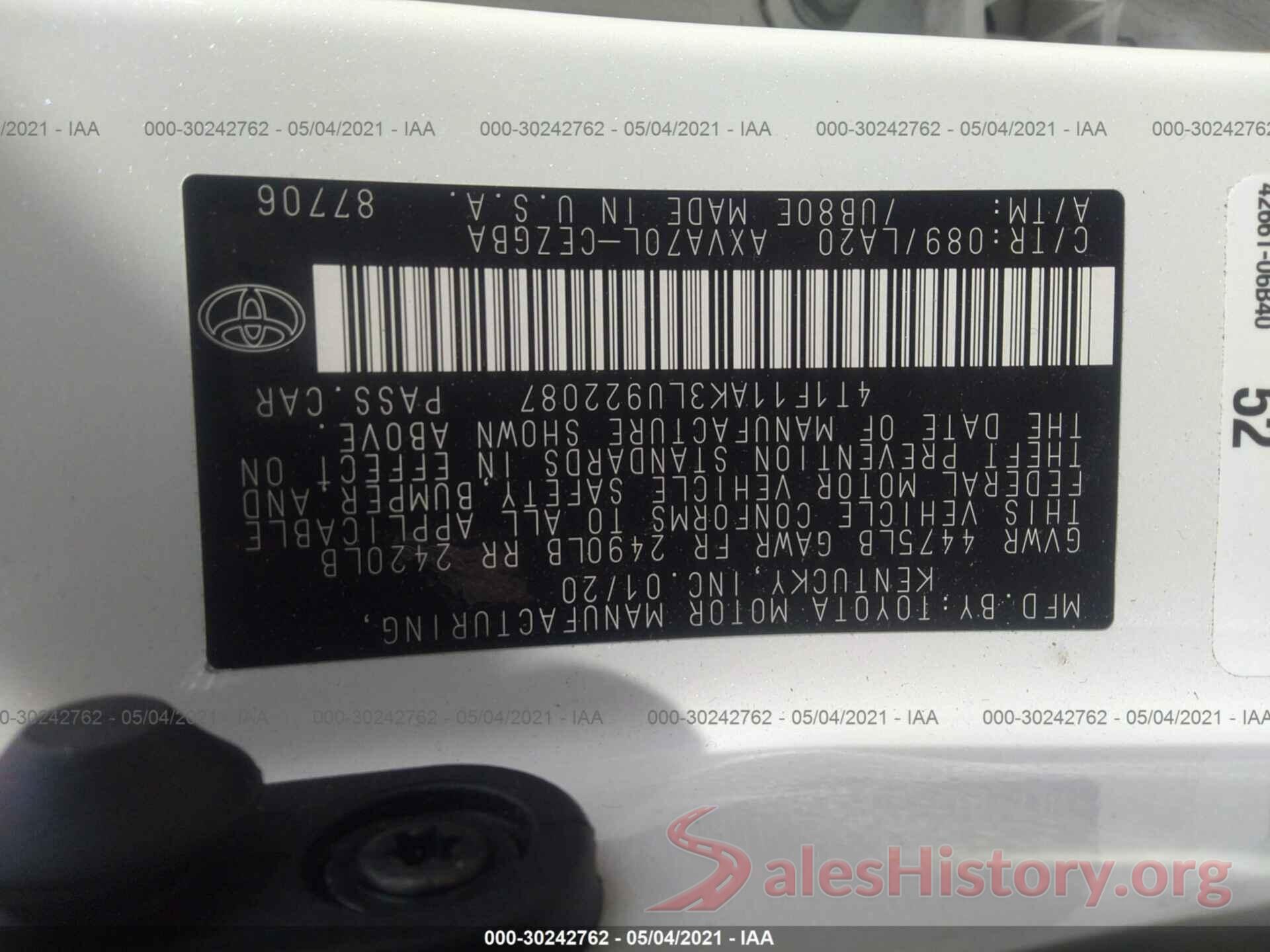 4T1F11AK3LU922087 2020 TOYOTA CAMRY