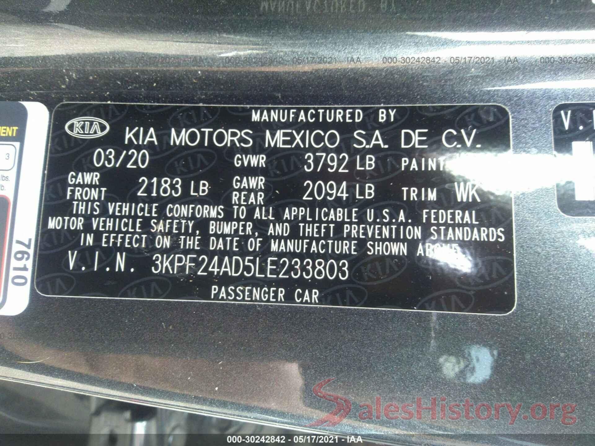 3KPF24AD5LE233803 2020 KIA FORTE