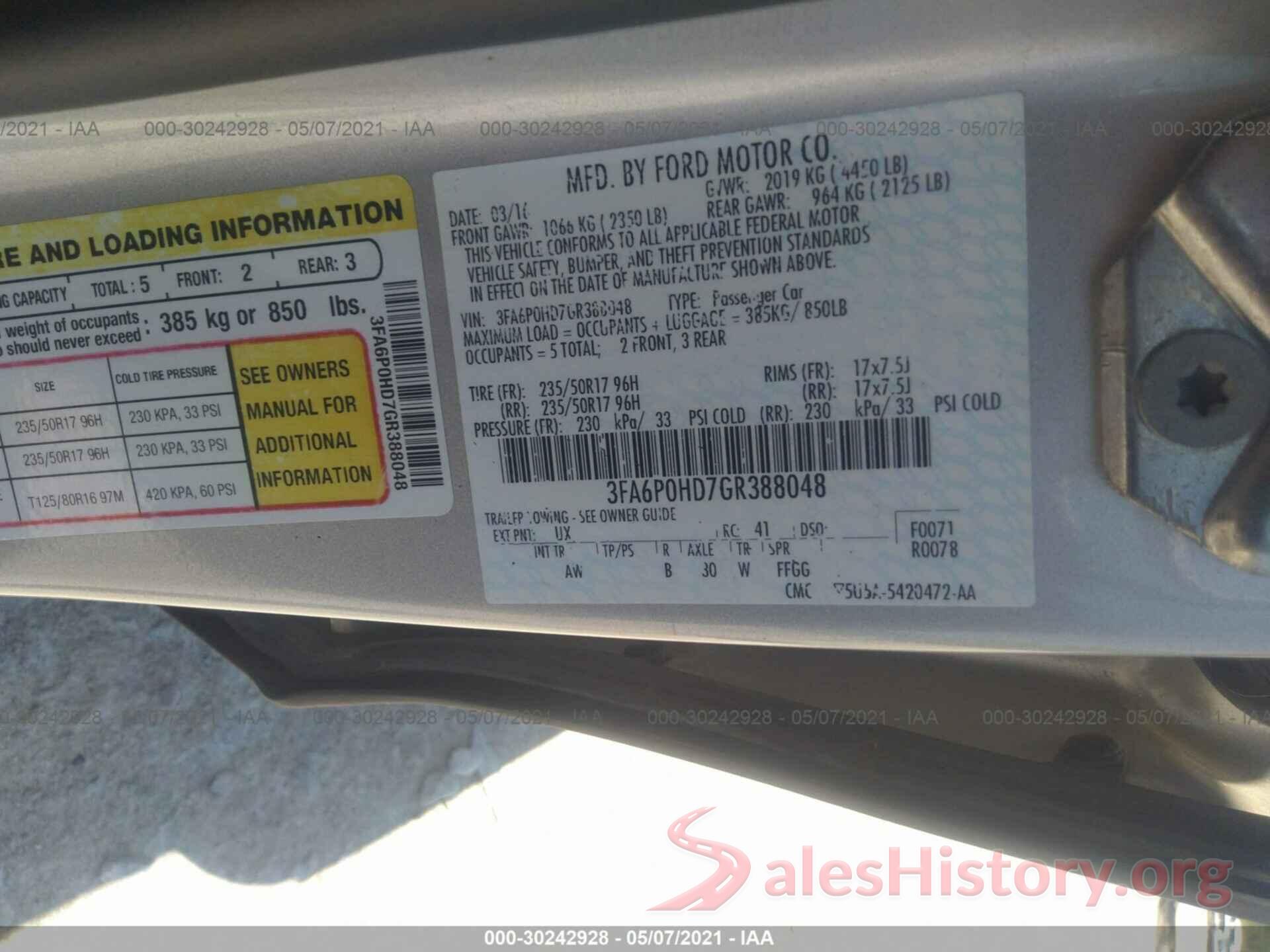 3FA6P0HD7GR388048 2016 FORD FUSION