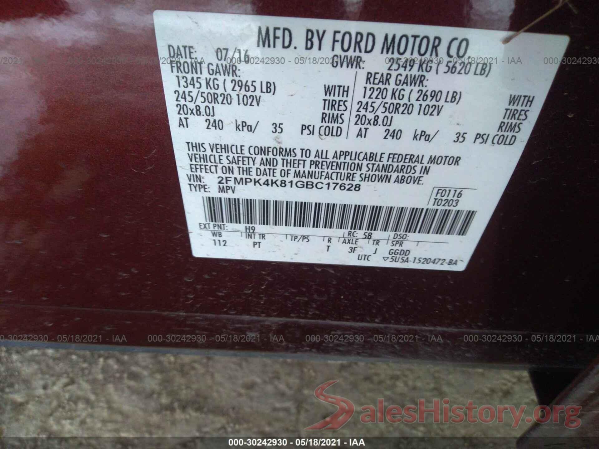 2FMPK4K81GBC17628 2016 FORD EDGE