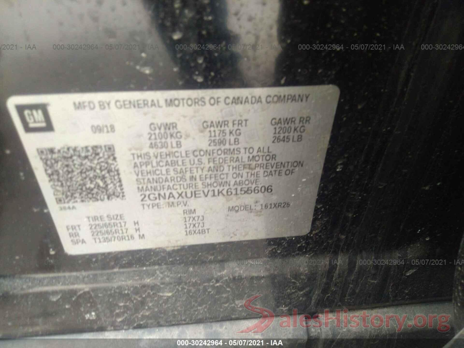 2GNAXUEV1K6155606 2019 CHEVROLET EQUINOX