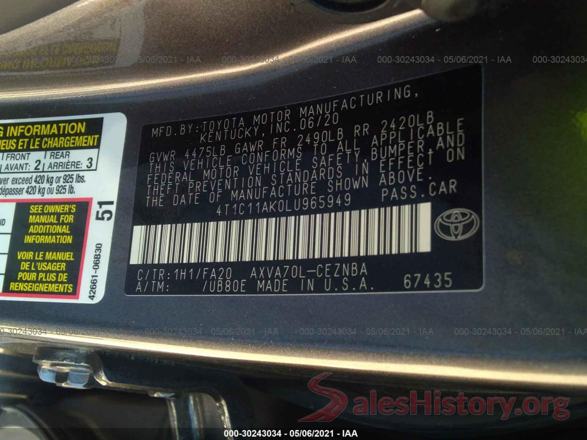 4T1C11AK0LU965949 2020 TOYOTA CAMRY