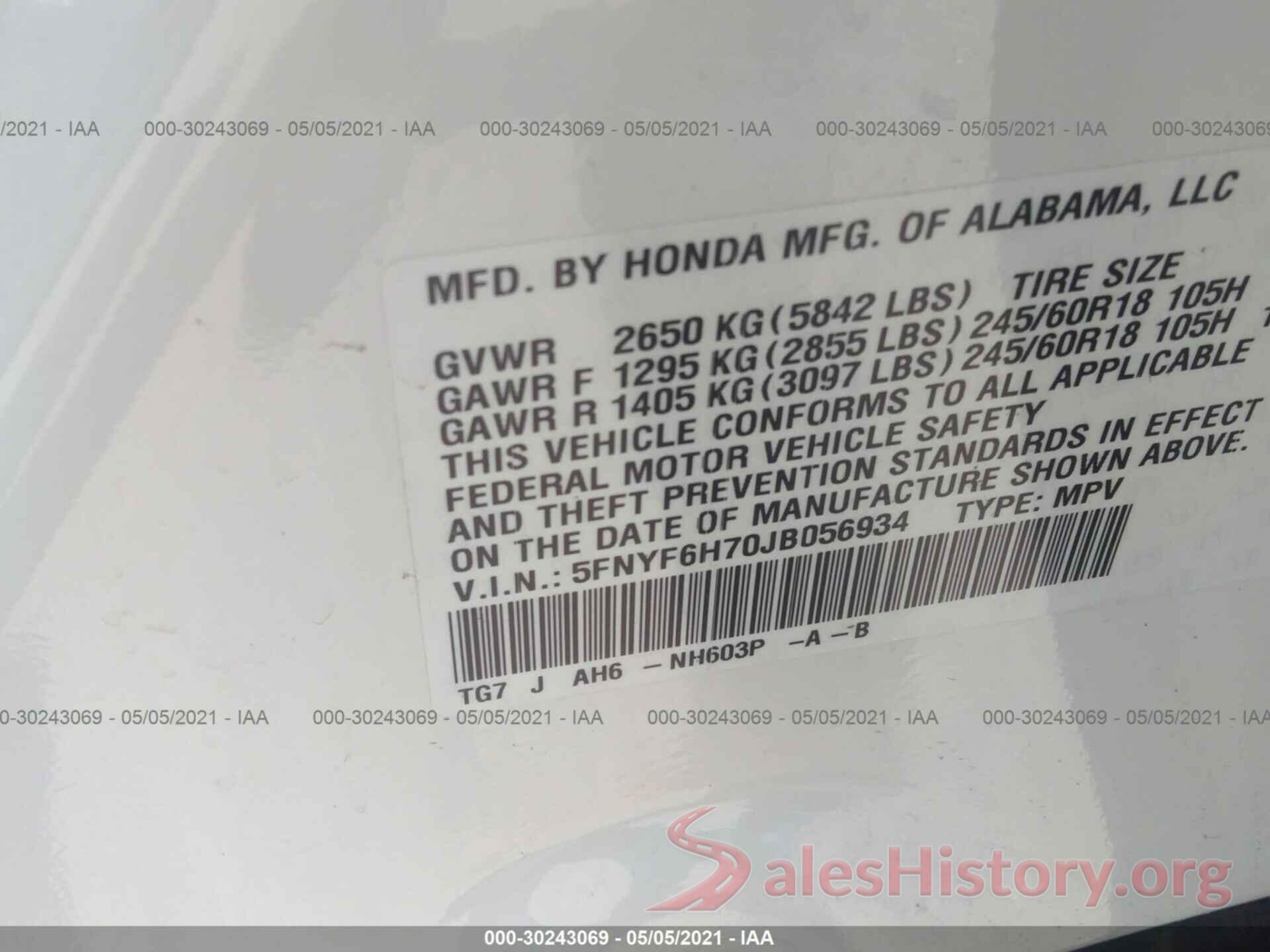 5FNYF6H70JB056934 2018 HONDA PILOT