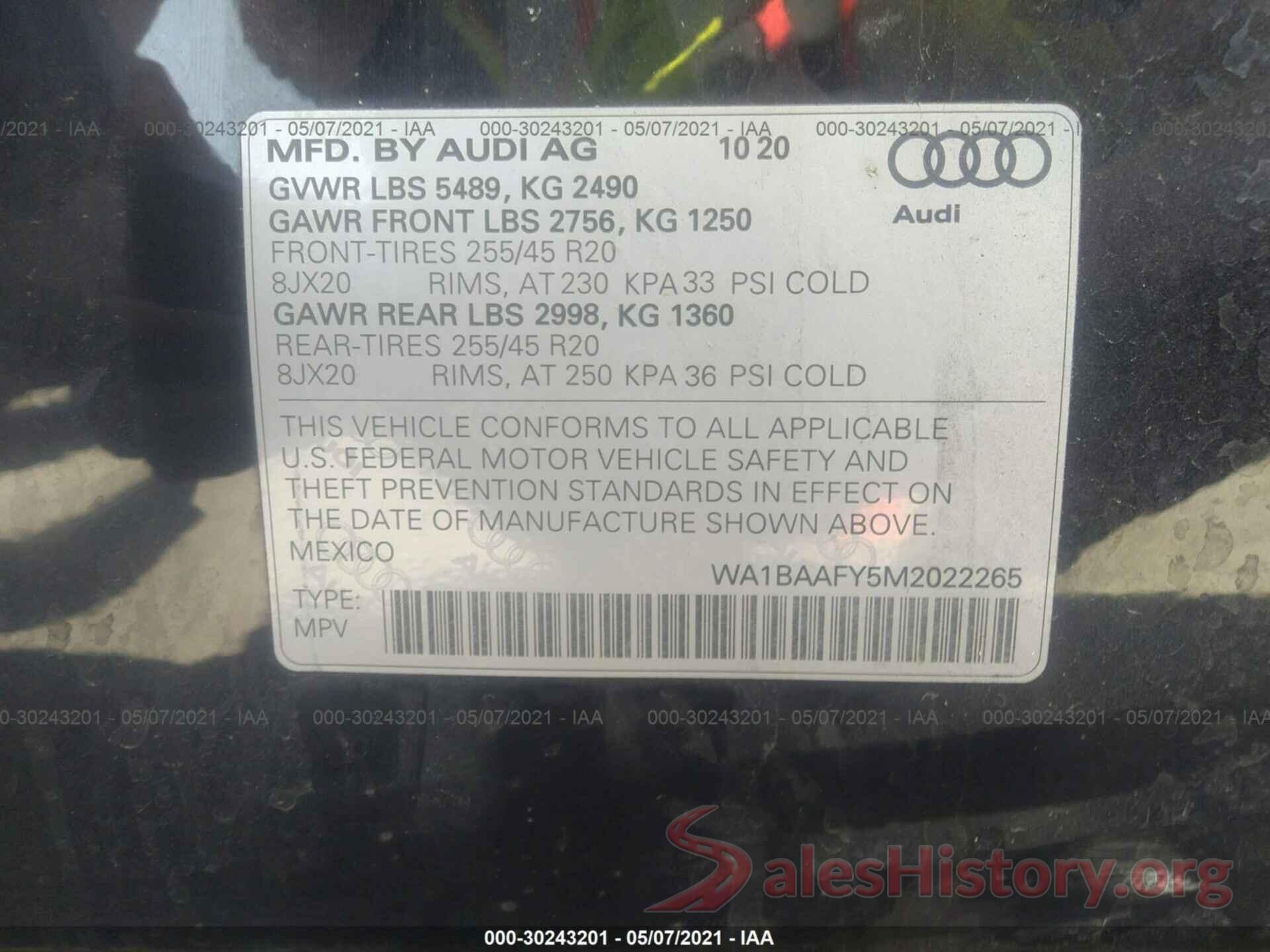 WA1BAAFY5M2022265 2021 AUDI Q5