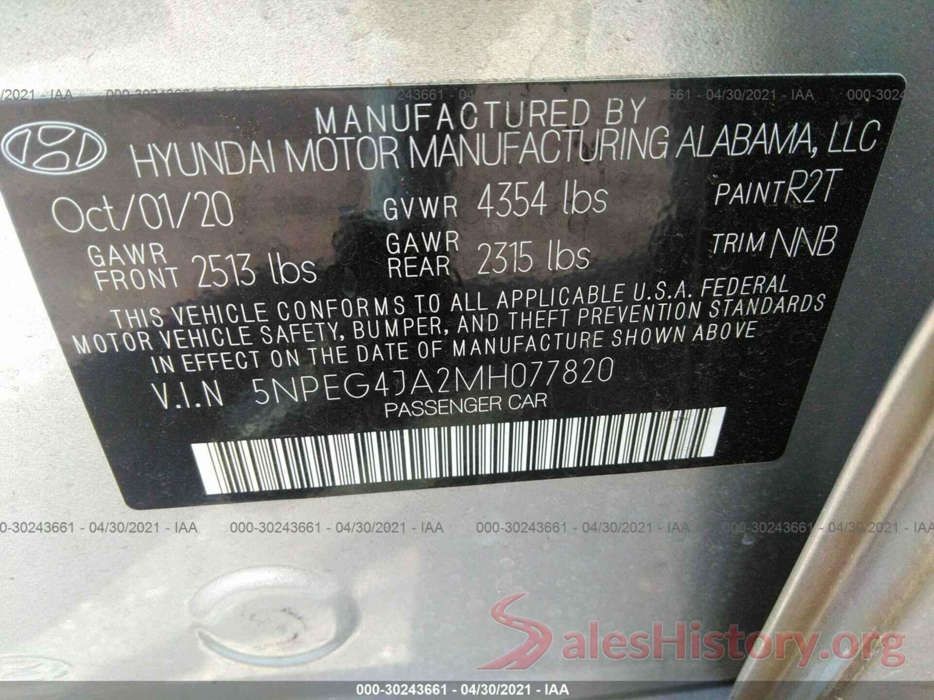 5NPEG4JA2MH077820 2021 HYUNDAI SONATA