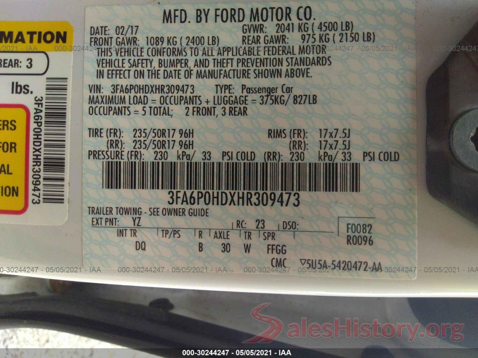 3FA6P0HDXHR309473 2017 FORD FUSION