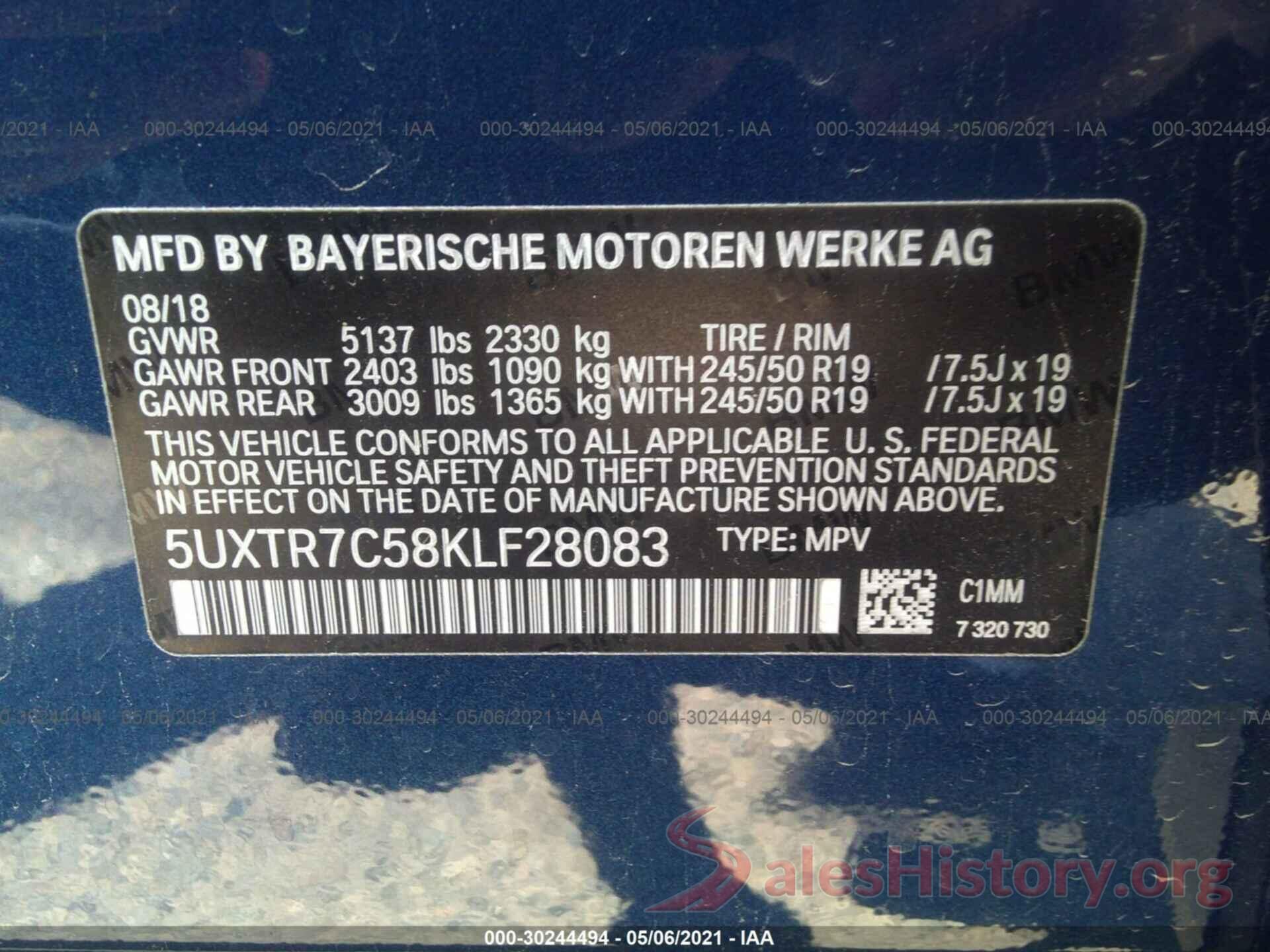 5UXTR7C58KLF28083 2019 BMW X3