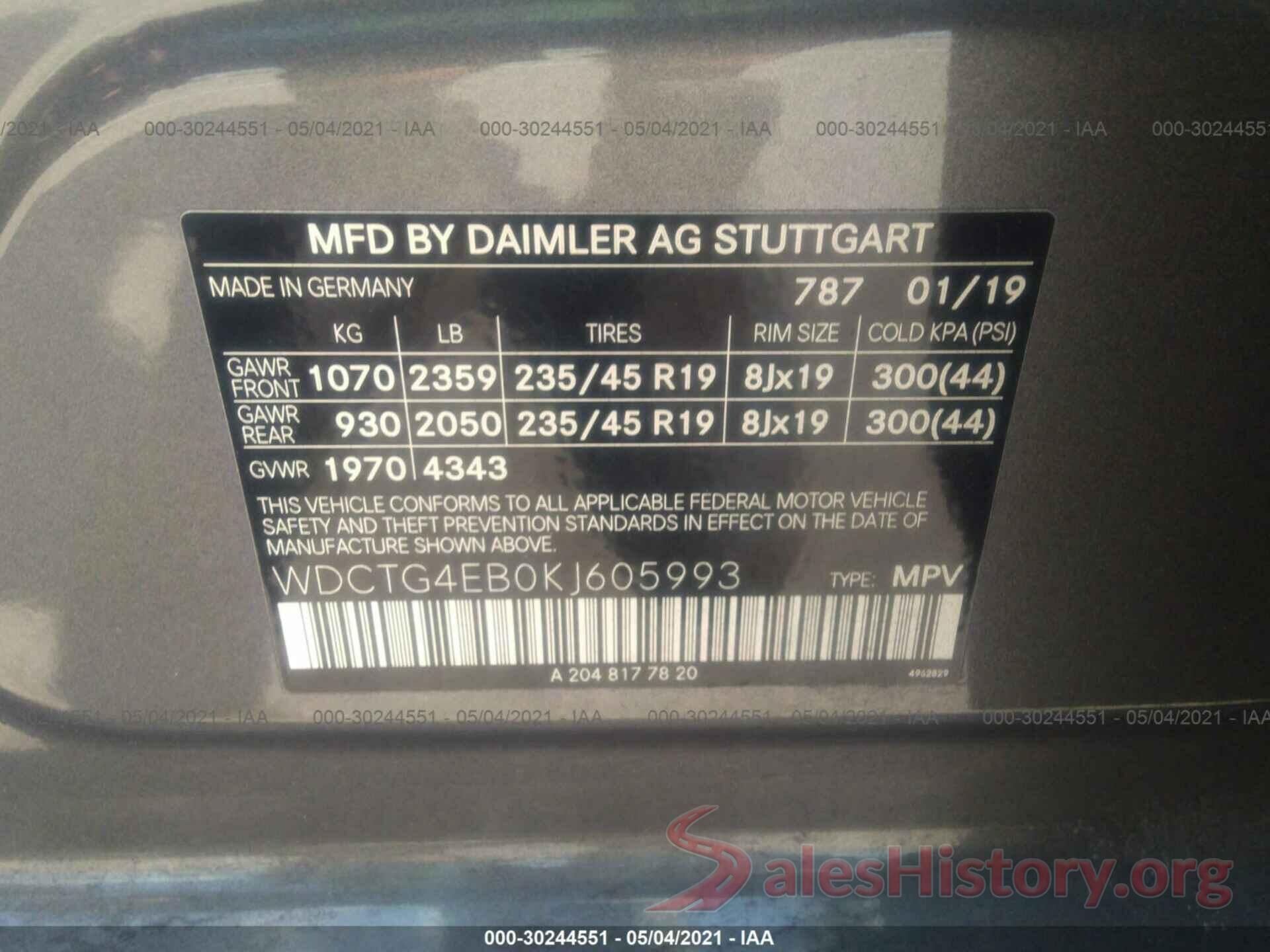 WDCTG4EB0KJ605993 2019 MERCEDES-BENZ GLA