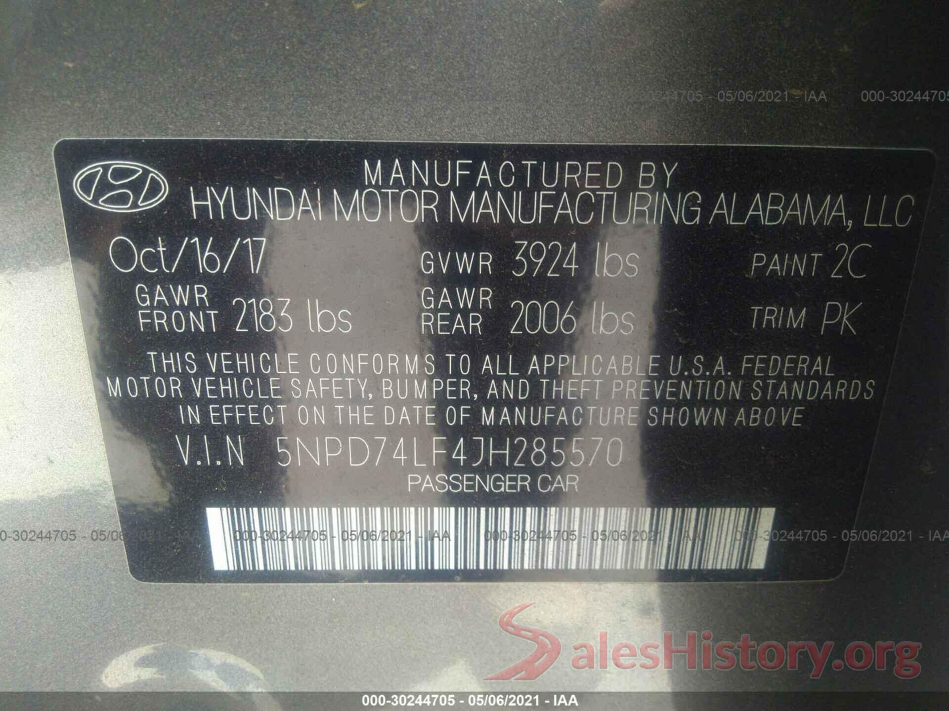 5NPD74LF4JH285570 2018 HYUNDAI ELANTRA