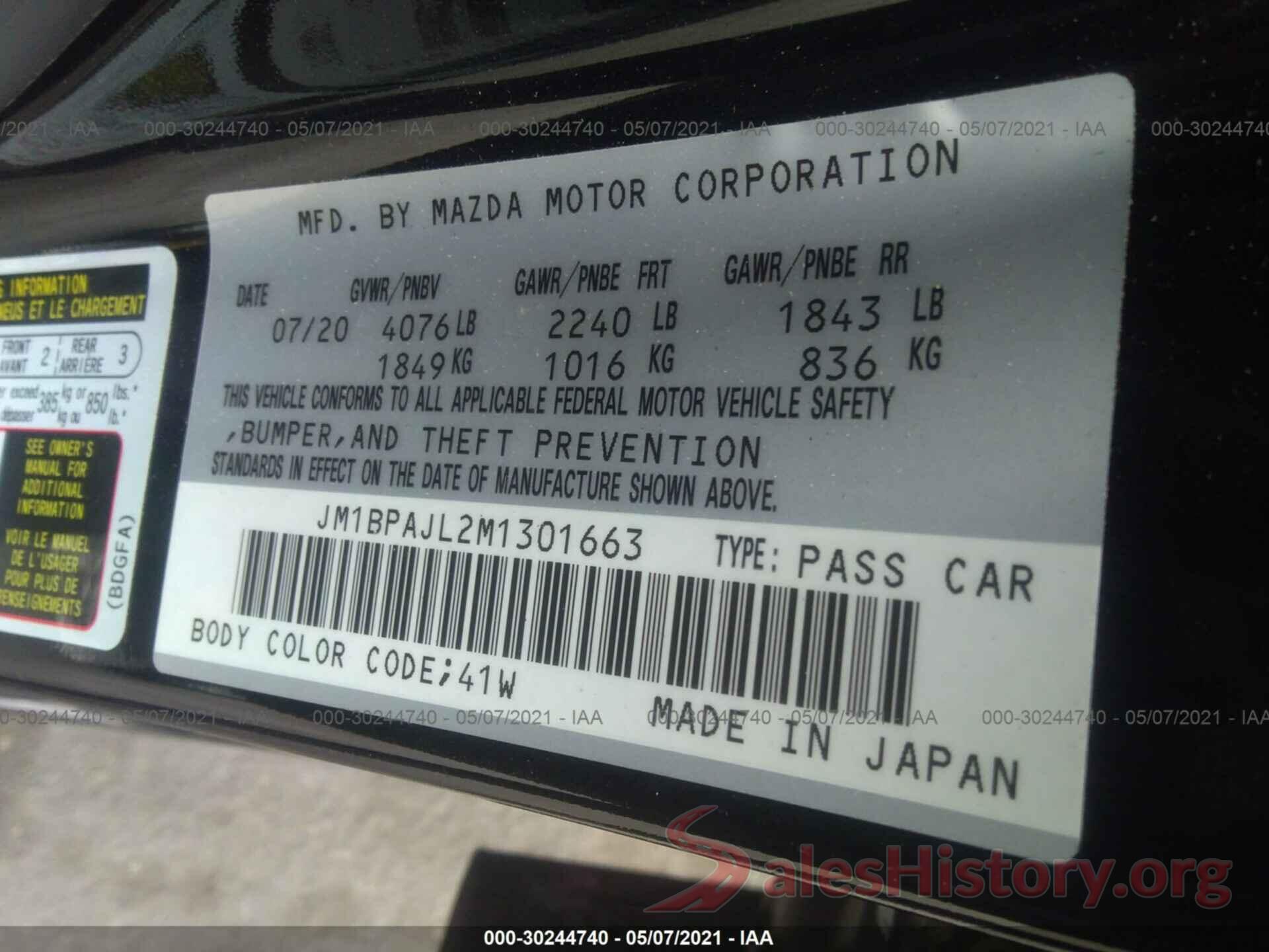 JM1BPAJL2M1301663 2021 MAZDA MAZDA3 HATCHBACK