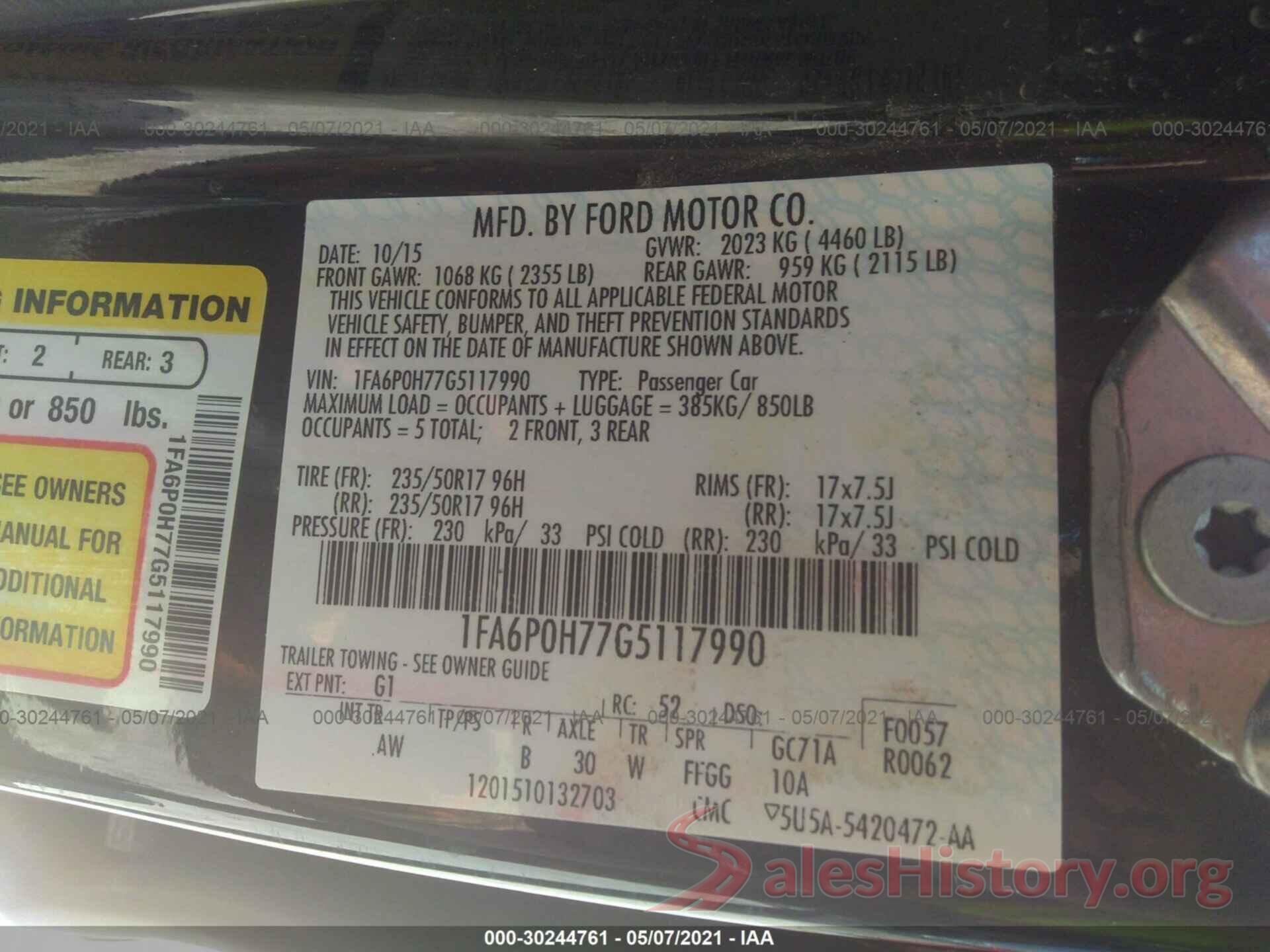 1FA6P0H77G5117990 2016 FORD FUSION