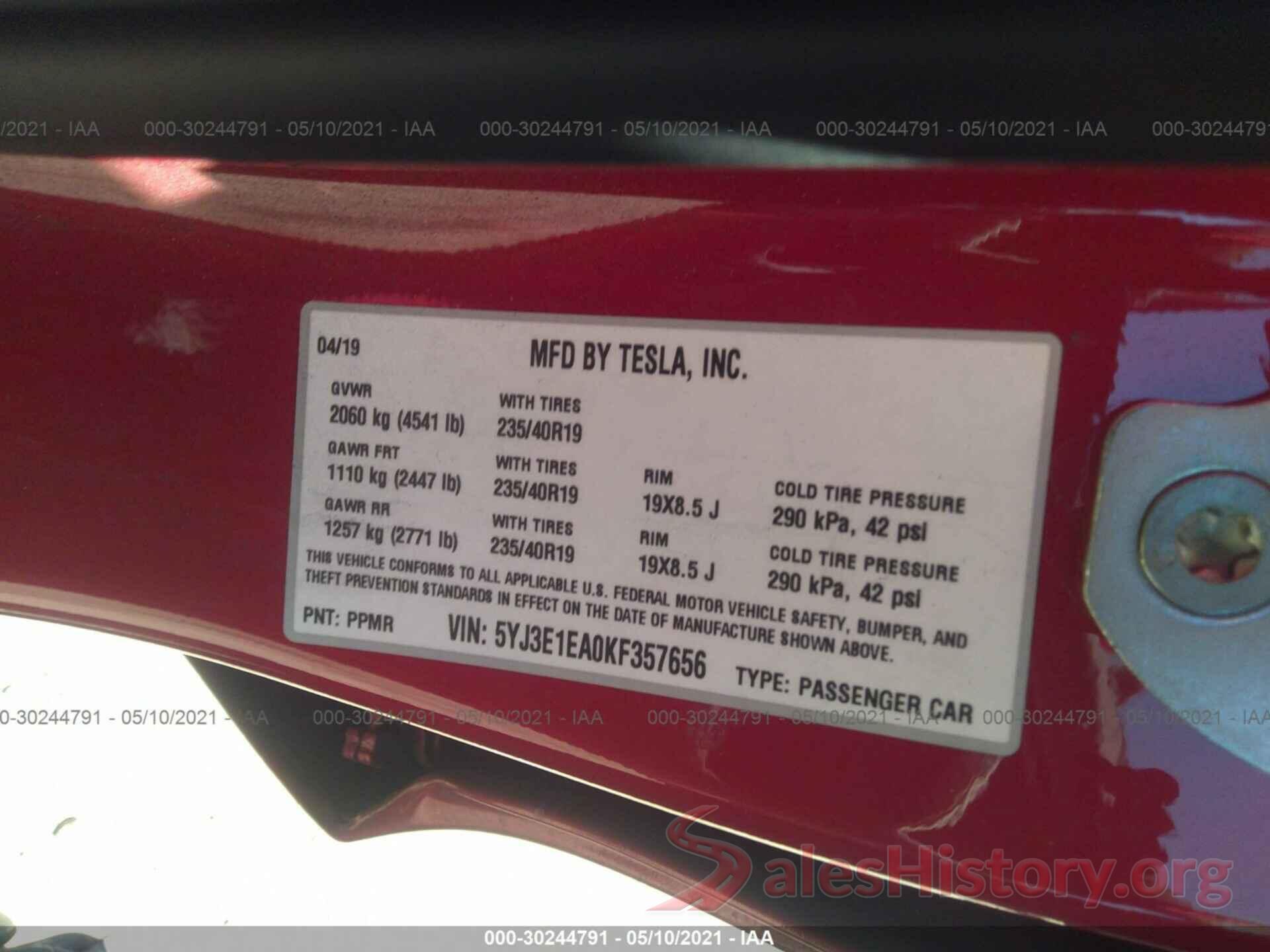 5YJ3E1EA0KF357656 2019 TESLA MODEL 3