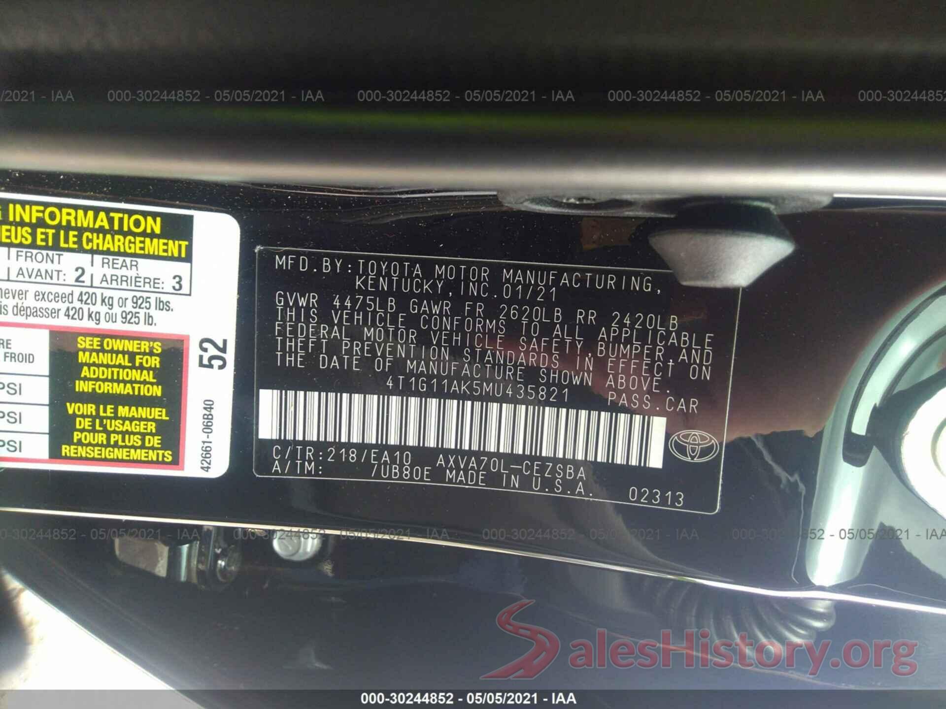 4T1G11AK5MU435821 2021 TOYOTA CAMRY