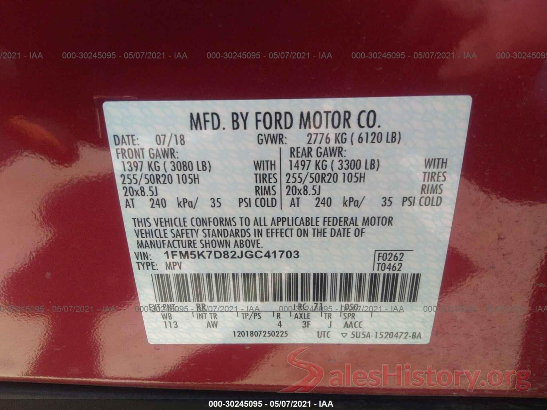 1FM5K7D82JGC41703 2018 FORD EXPLORER