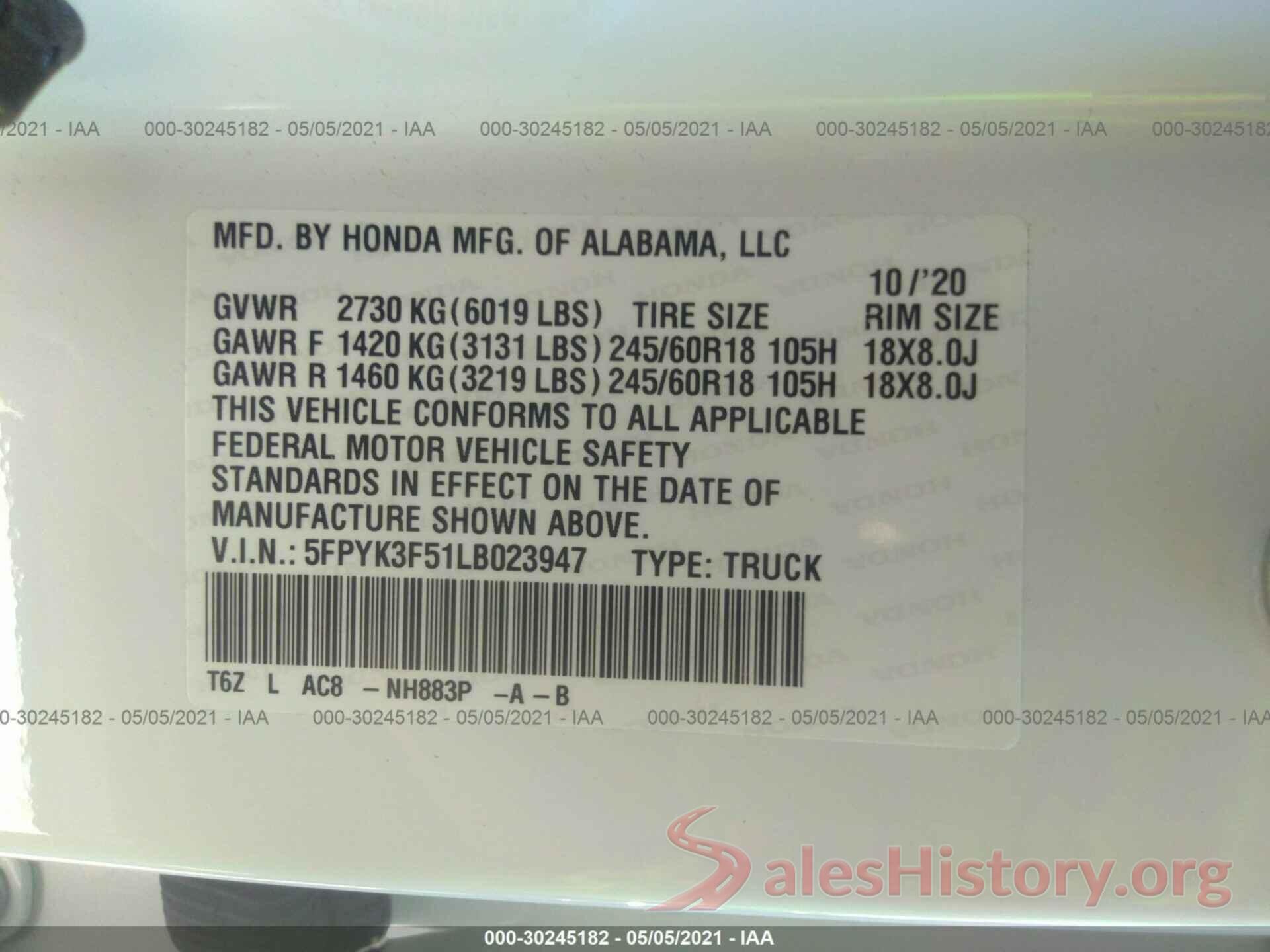 5FPYK3F51LB023947 2020 HONDA RIDGELINE