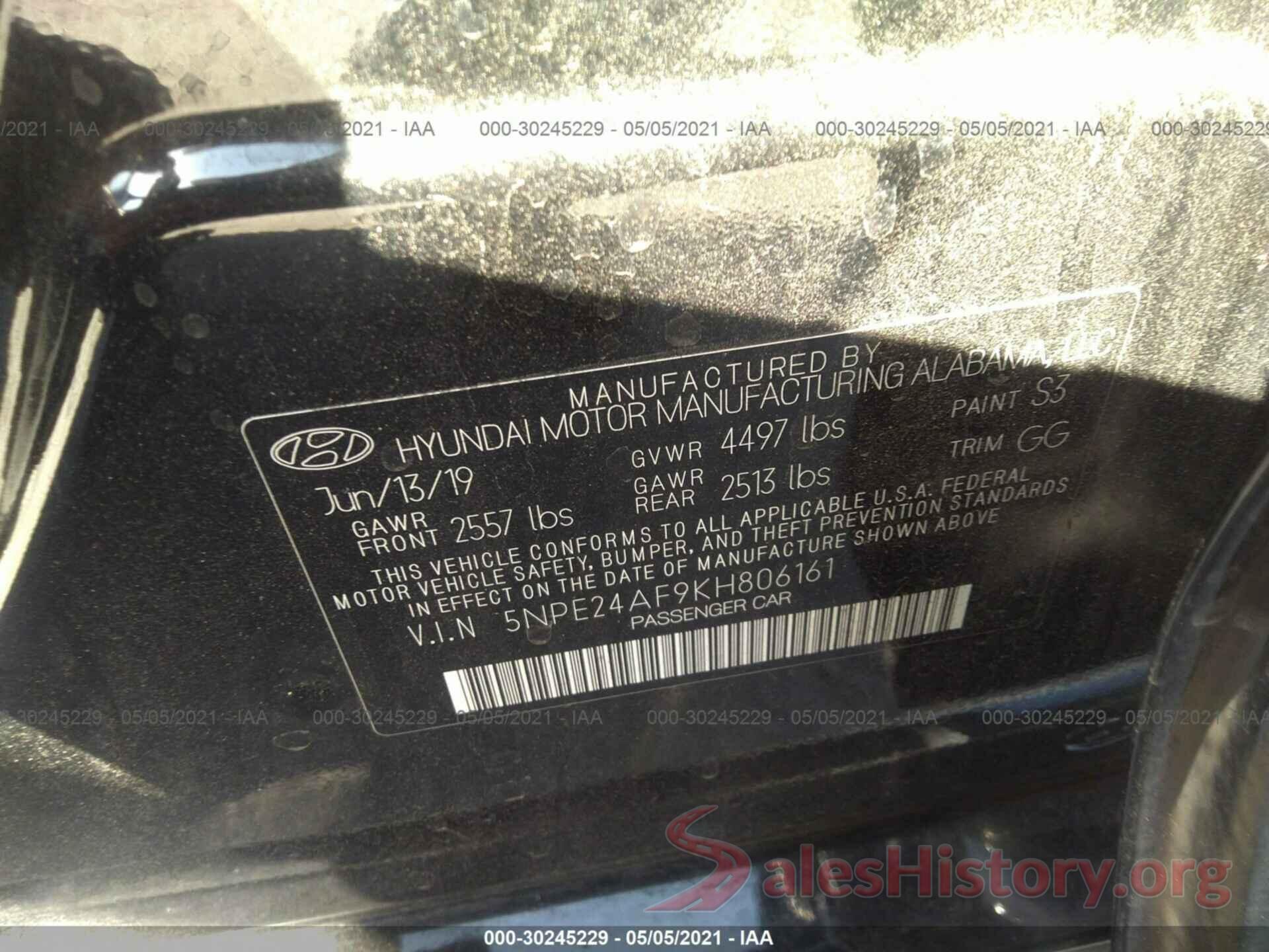 5NPE24AF9KH806161 2019 HYUNDAI SONATA