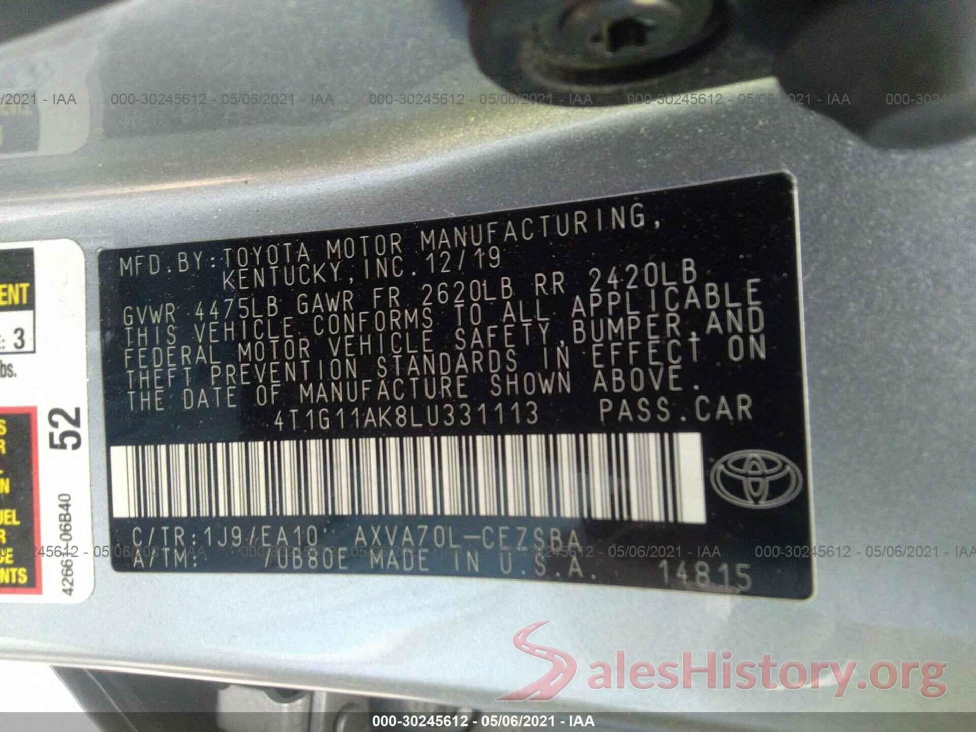 4T1G11AK8LU331113 2020 TOYOTA CAMRY