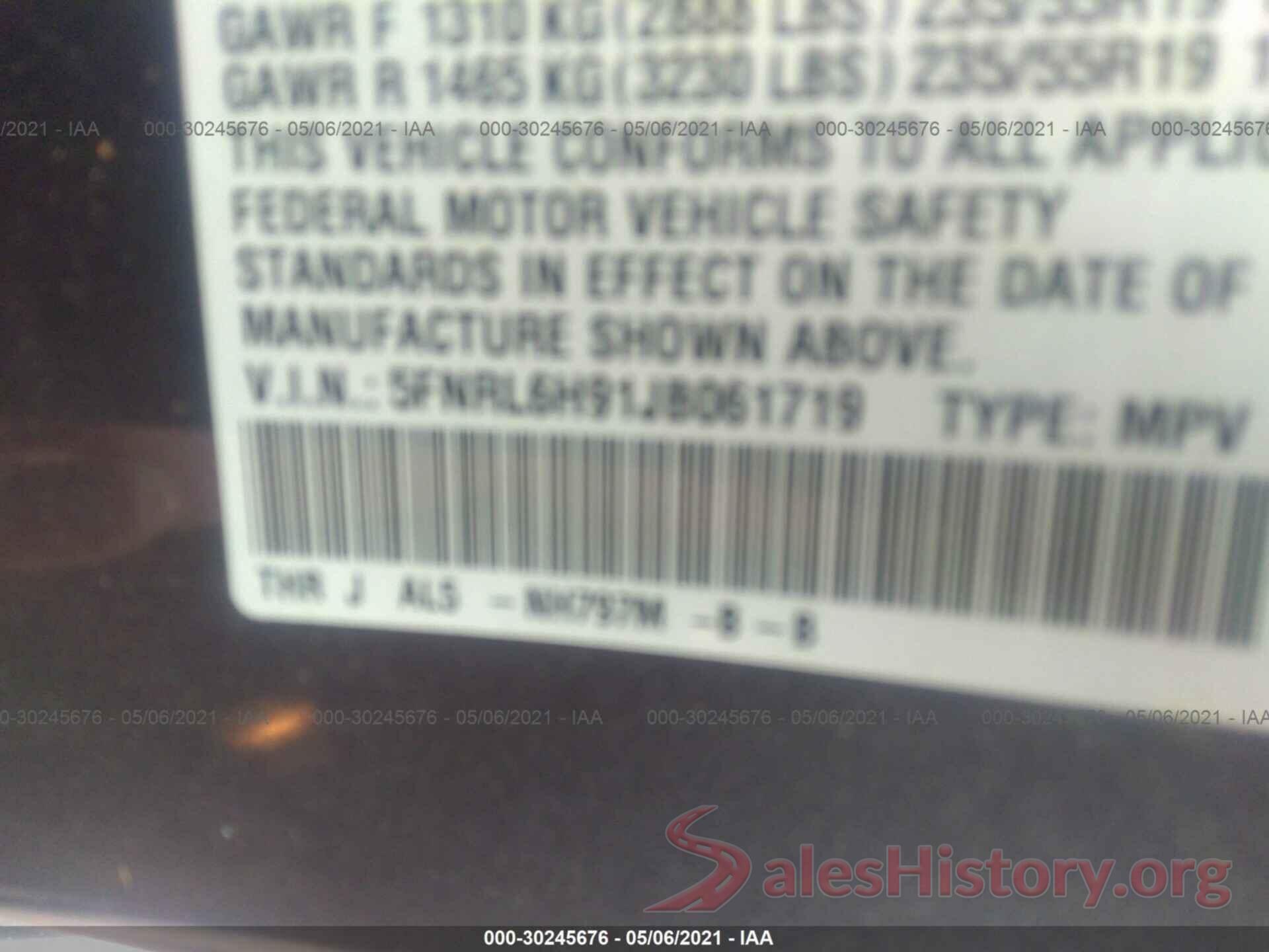 5FNRL6H91JB061719 2018 HONDA ODYSSEY