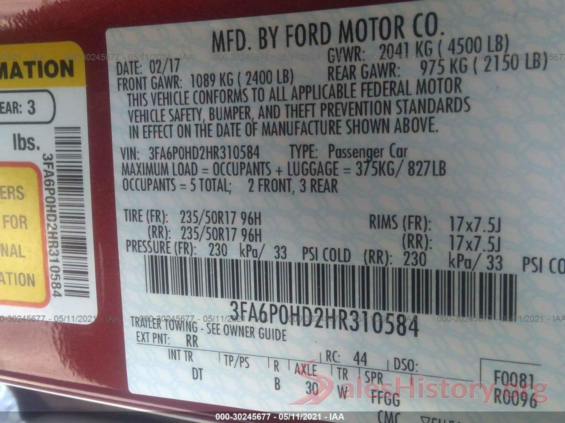 3FA6P0HD2HR310584 2017 FORD FUSION