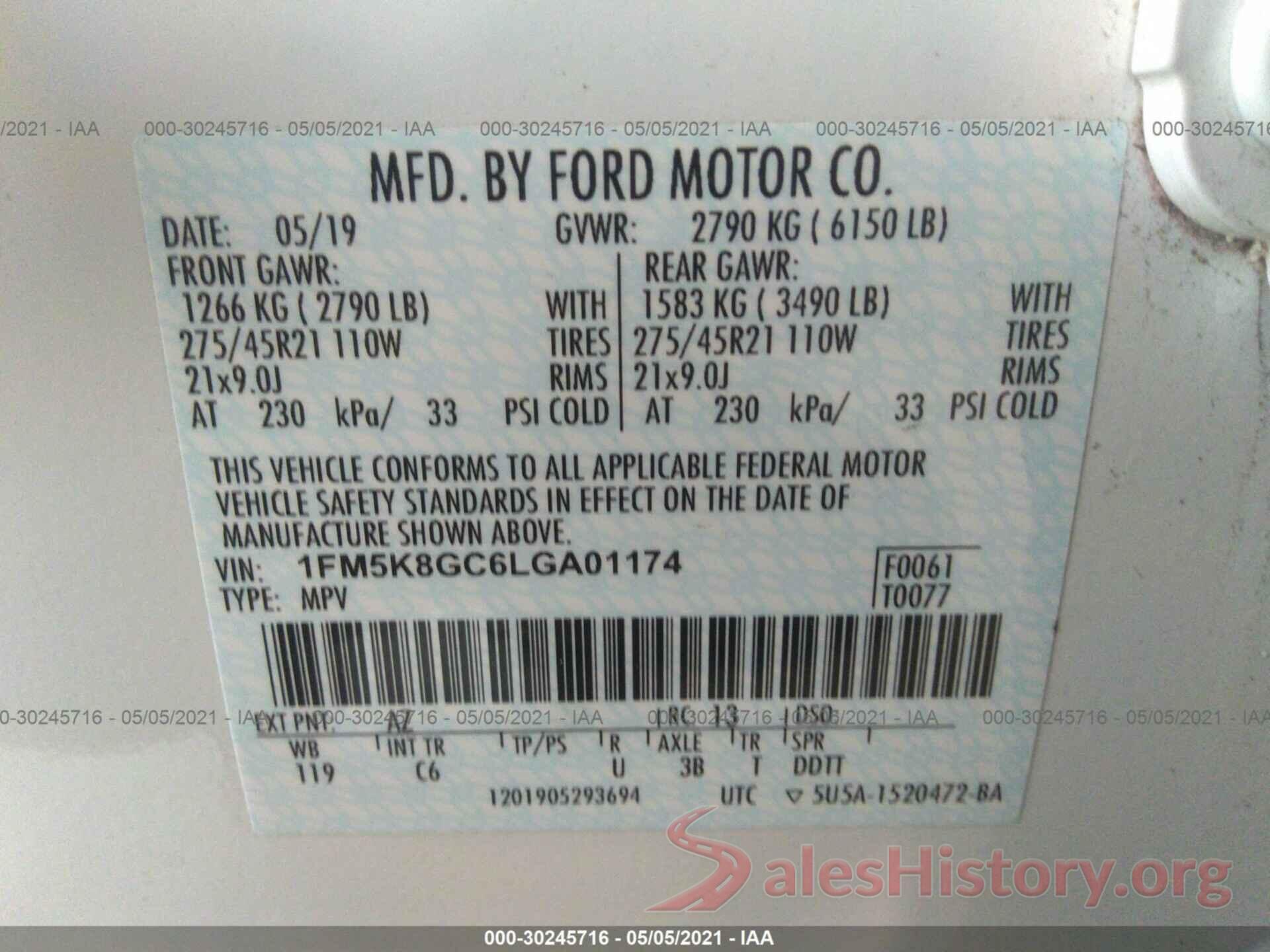 1FM5K8GC6LGA01174 2020 FORD EXPLORER