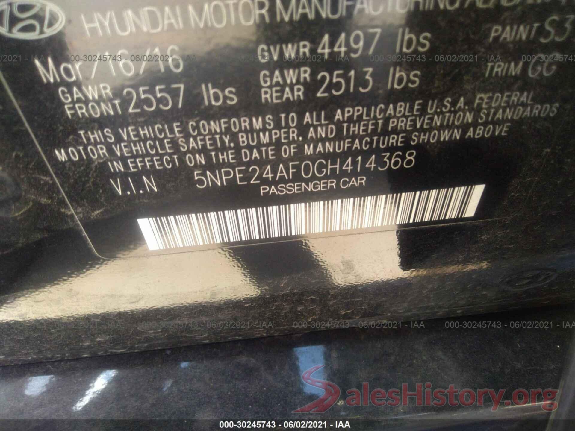 5NPE24AF0GH414368 2016 HYUNDAI SONATA