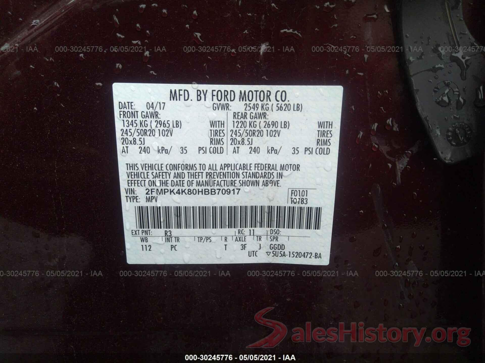 2FMPK4K80HBB70917 2017 FORD EDGE