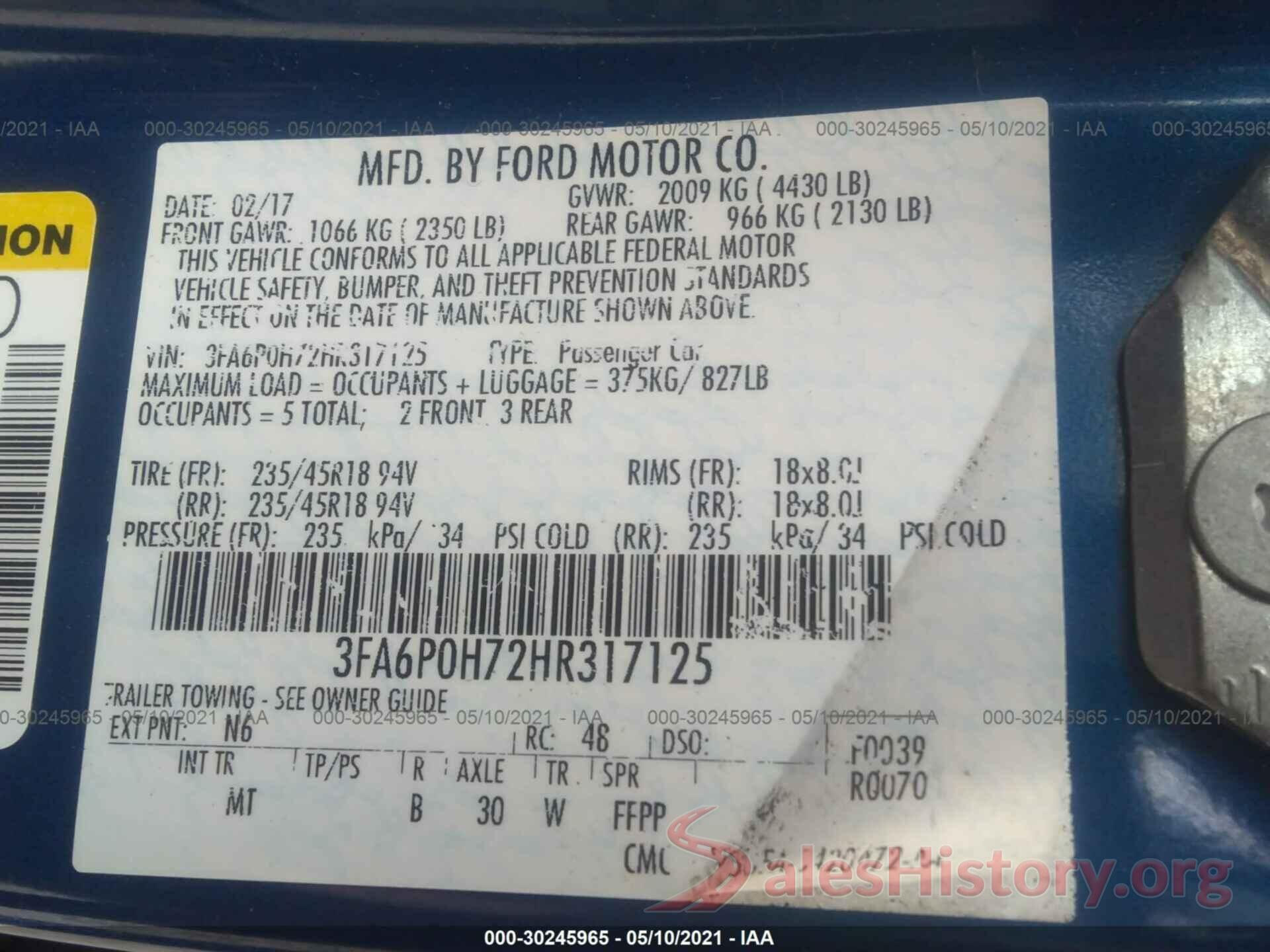 3FA6P0H72HR317125 2017 FORD FUSION