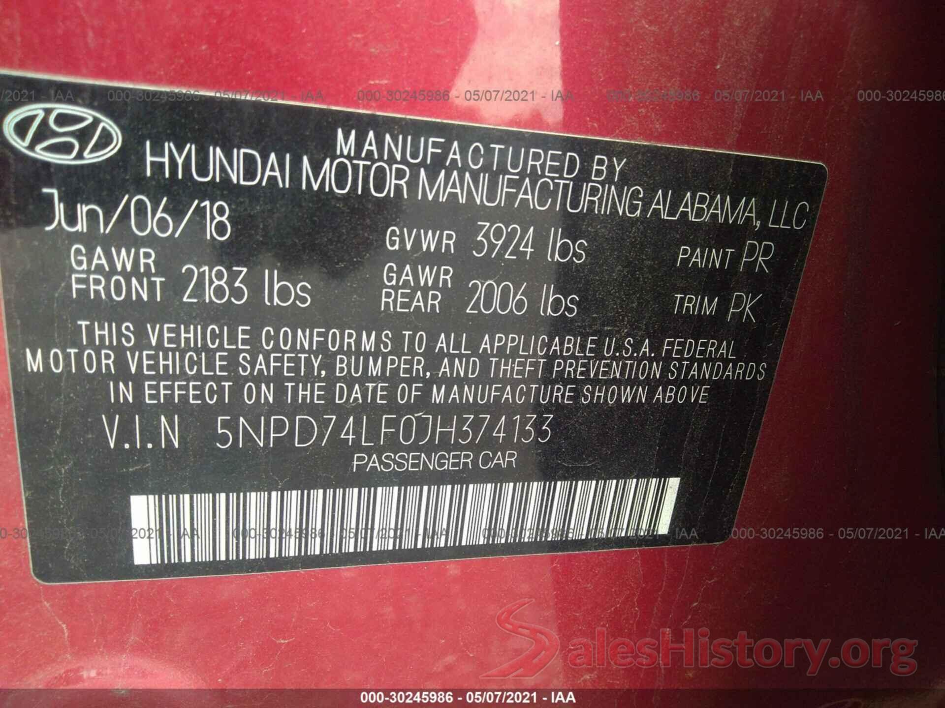 5NPD74LF0JH374133 2018 HYUNDAI ELANTRA