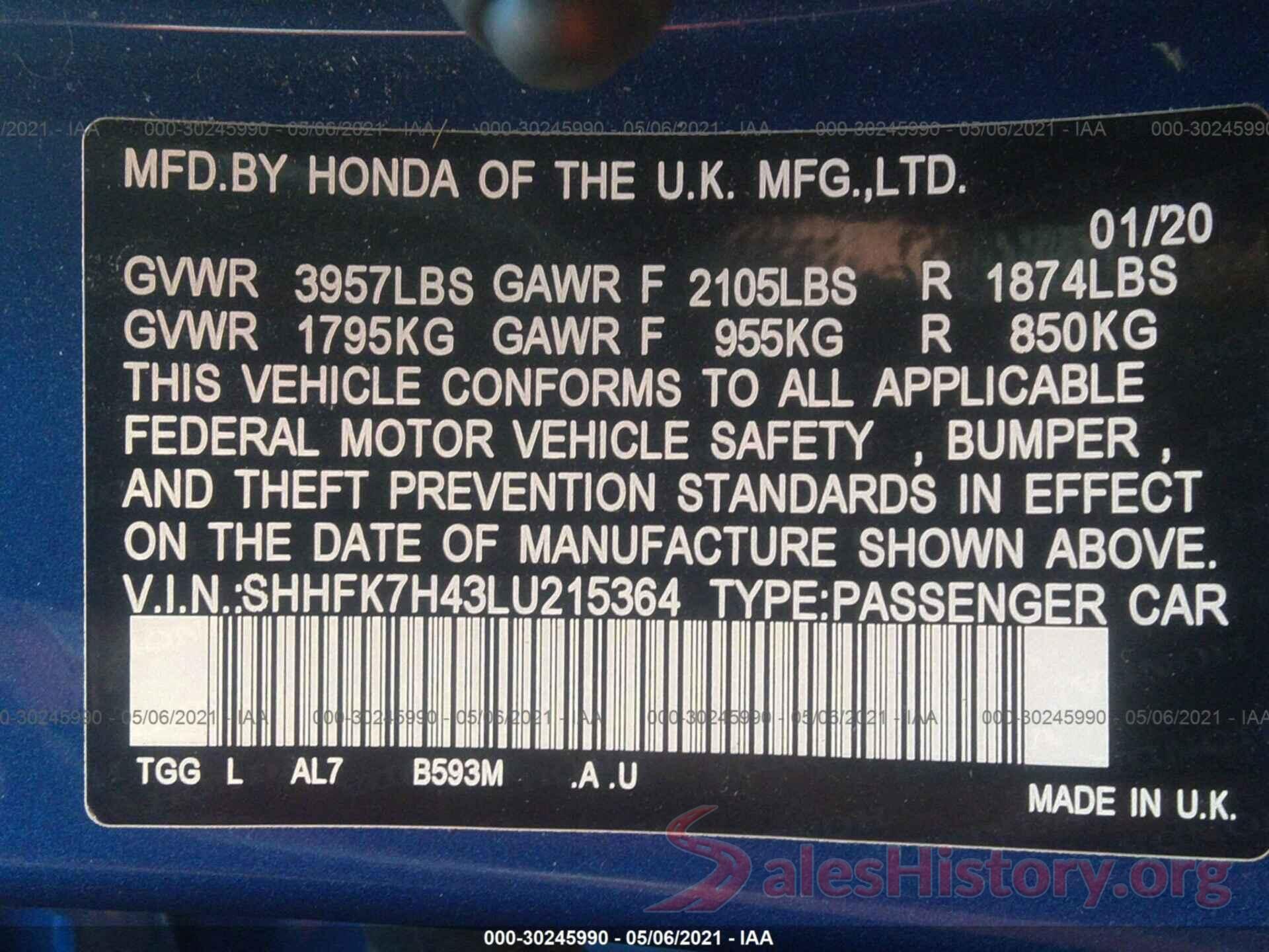 SHHFK7H43LU215364 2020 HONDA CIVIC HATCHBACK