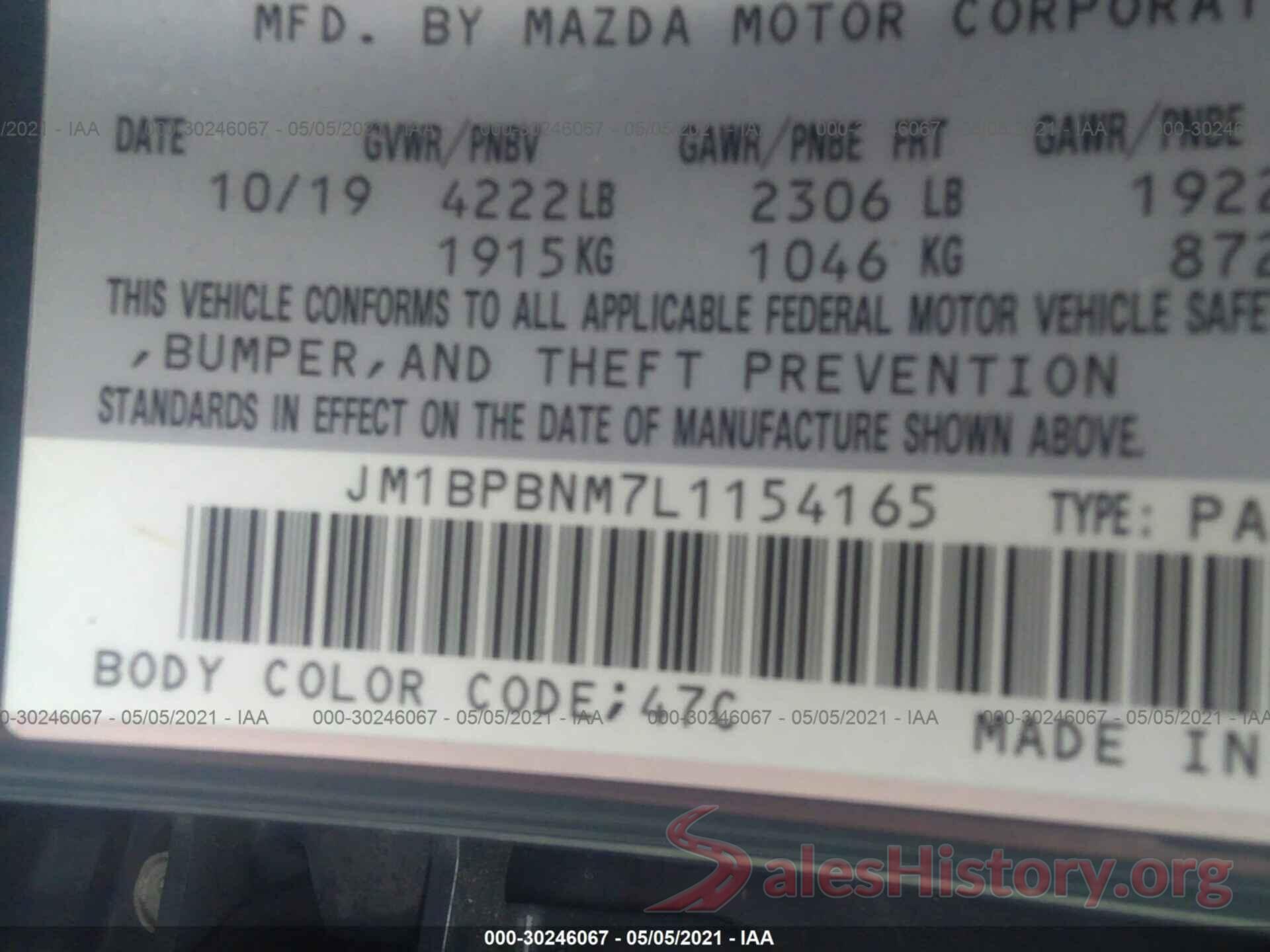 JM1BPBNM7L1154165 2020 MAZDA MAZDA3 HATCHBACK