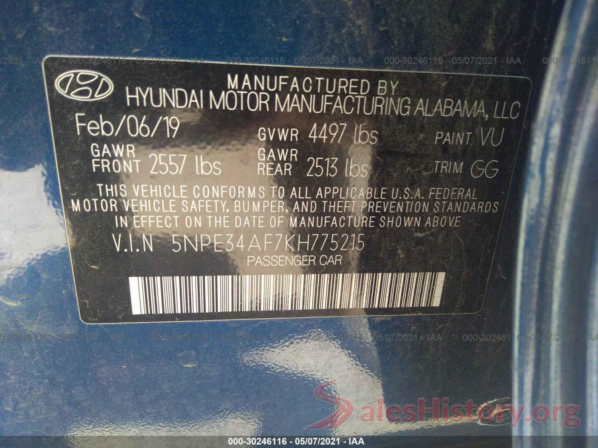 5NPE34AF7KH775215 2019 HYUNDAI SONATA