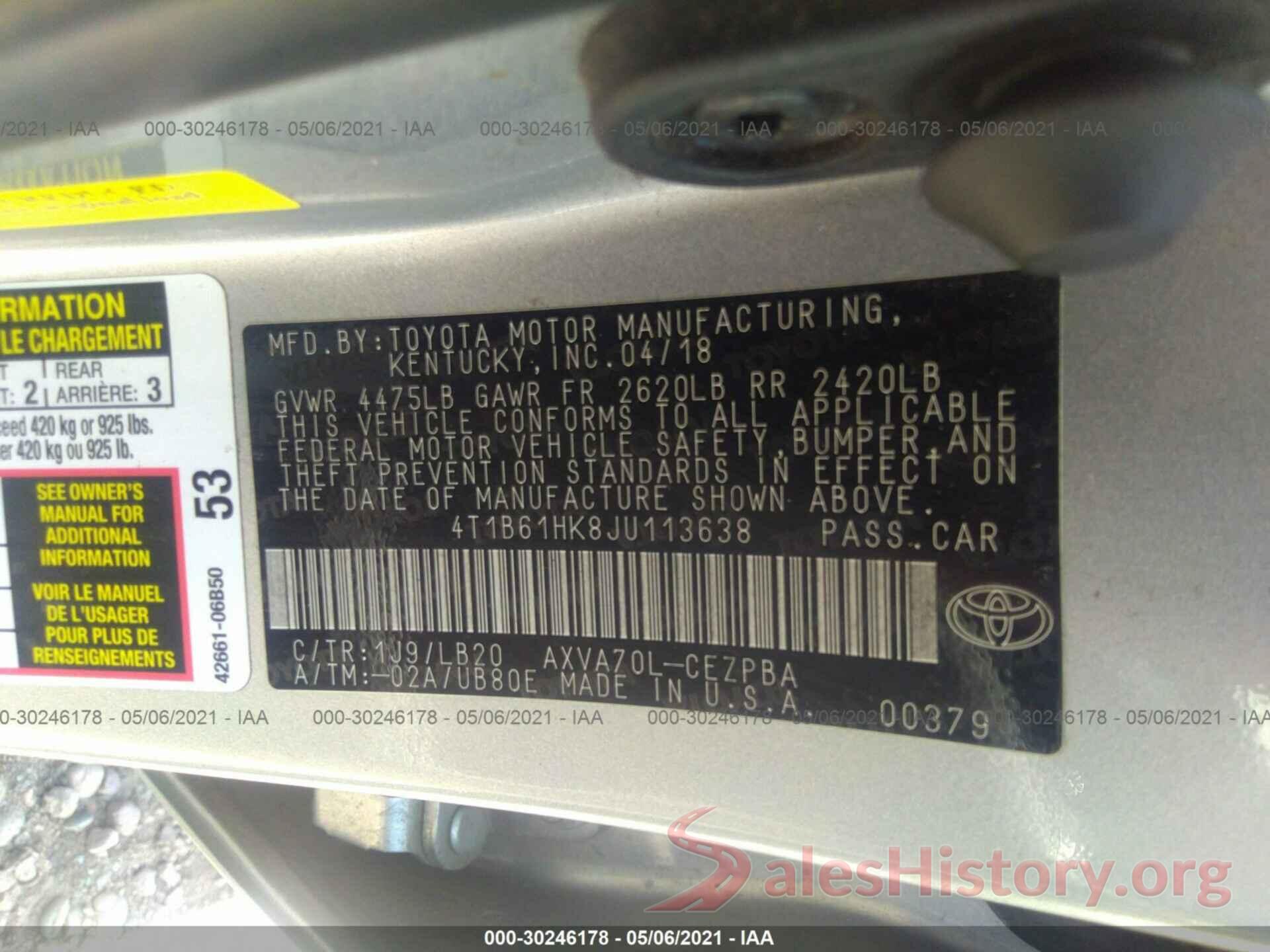 4T1B61HK8JU113638 2018 TOYOTA CAMRY