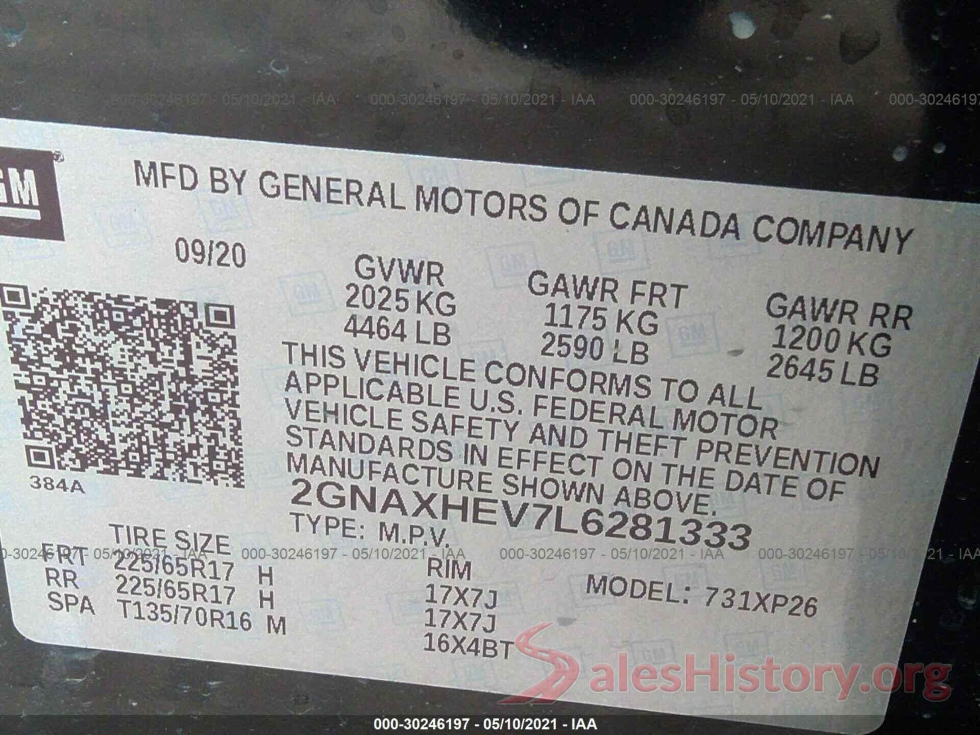 2GNAXHEV7L6281333 2020 CHEVROLET EQUINOX