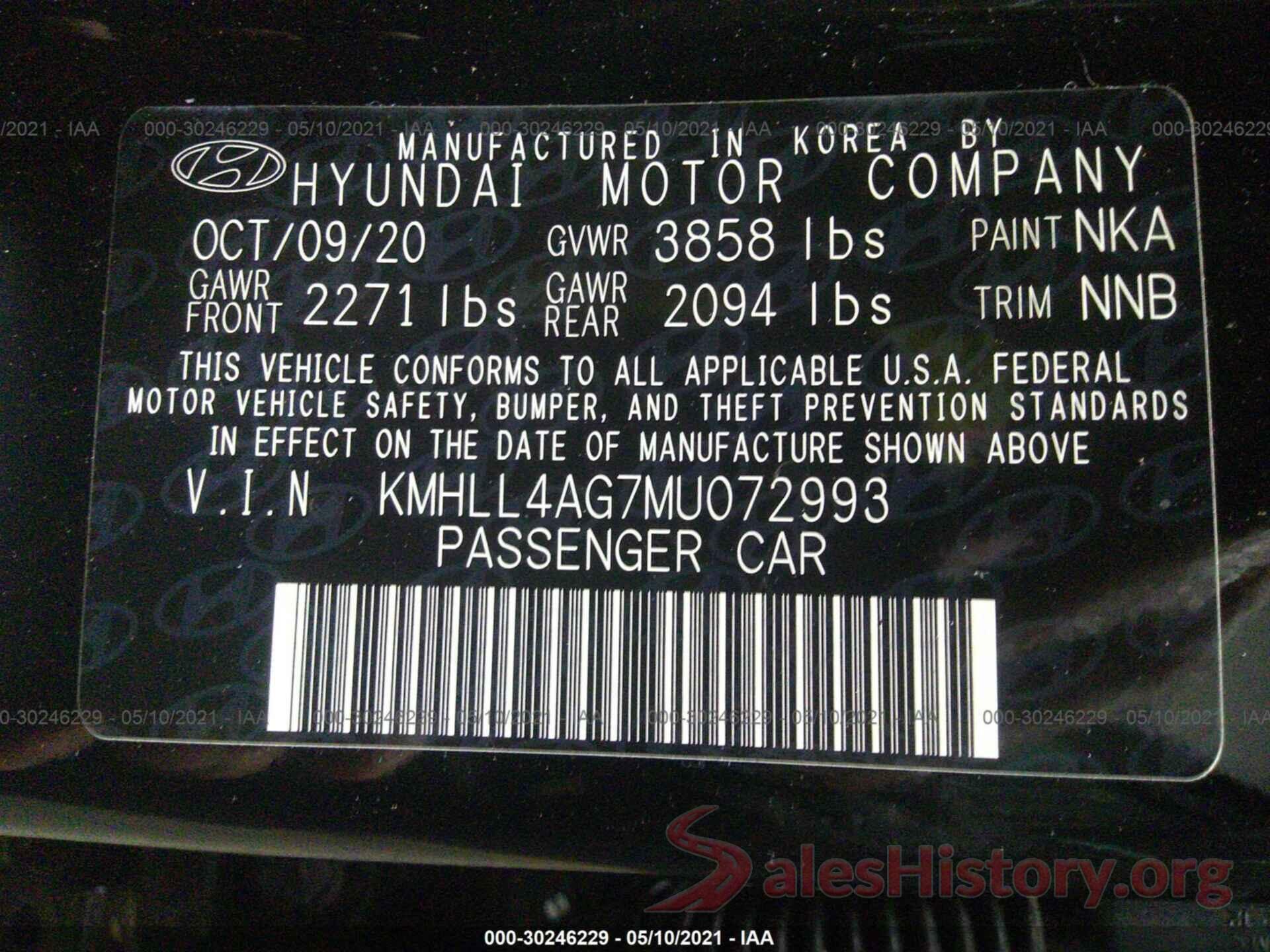 KMHLL4AG7MU072993 2021 HYUNDAI ELANTRA