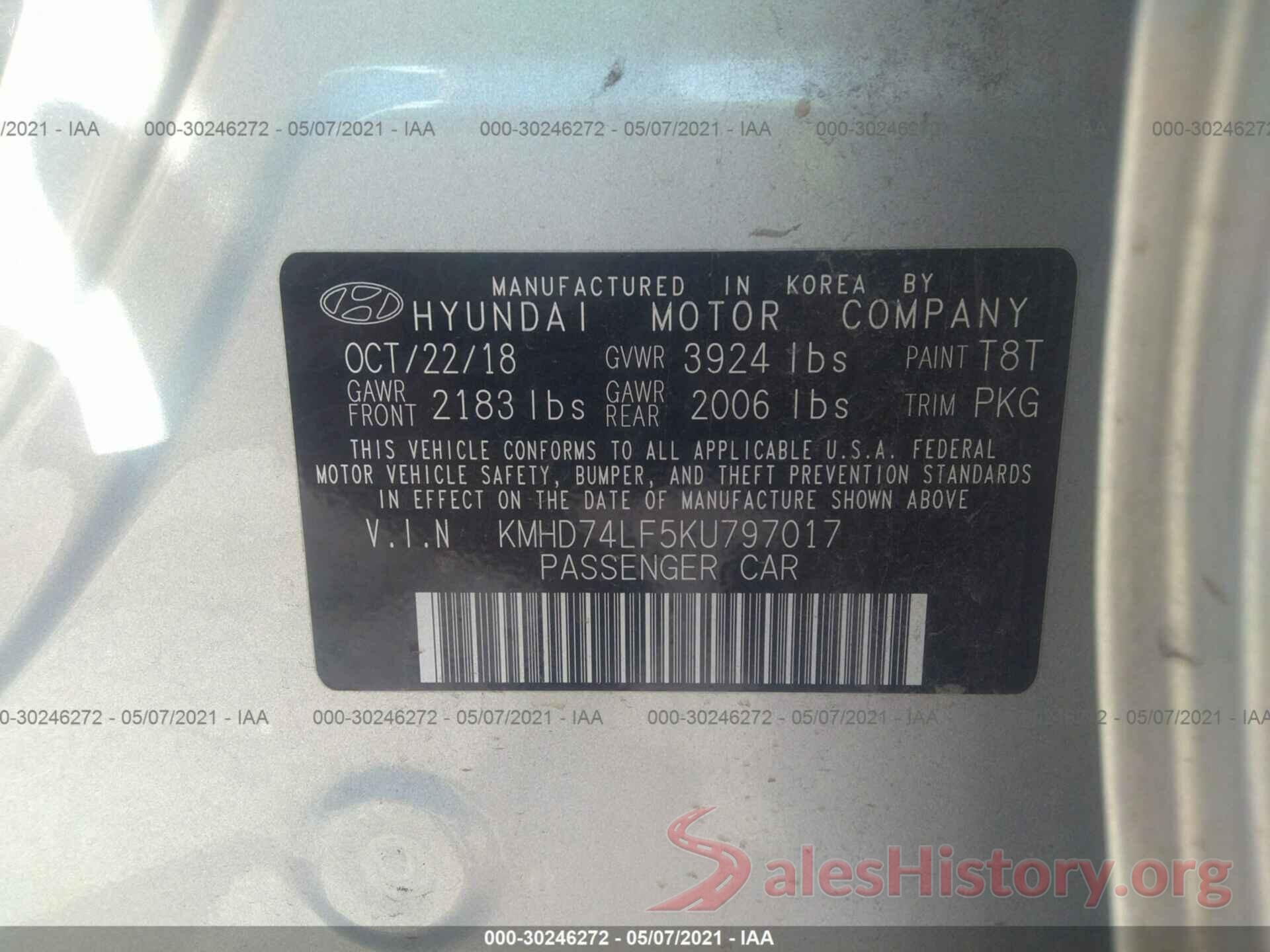 KMHD74LF5KU797017 2019 HYUNDAI ELANTRA