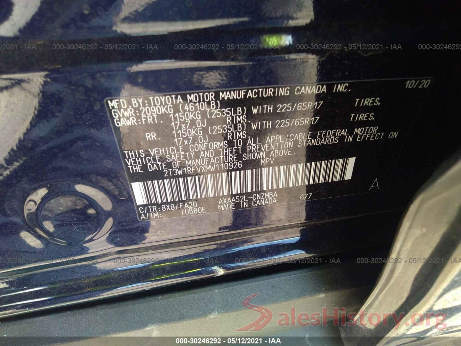 2T3W1RFVXMW110926 2021 TOYOTA RAV4