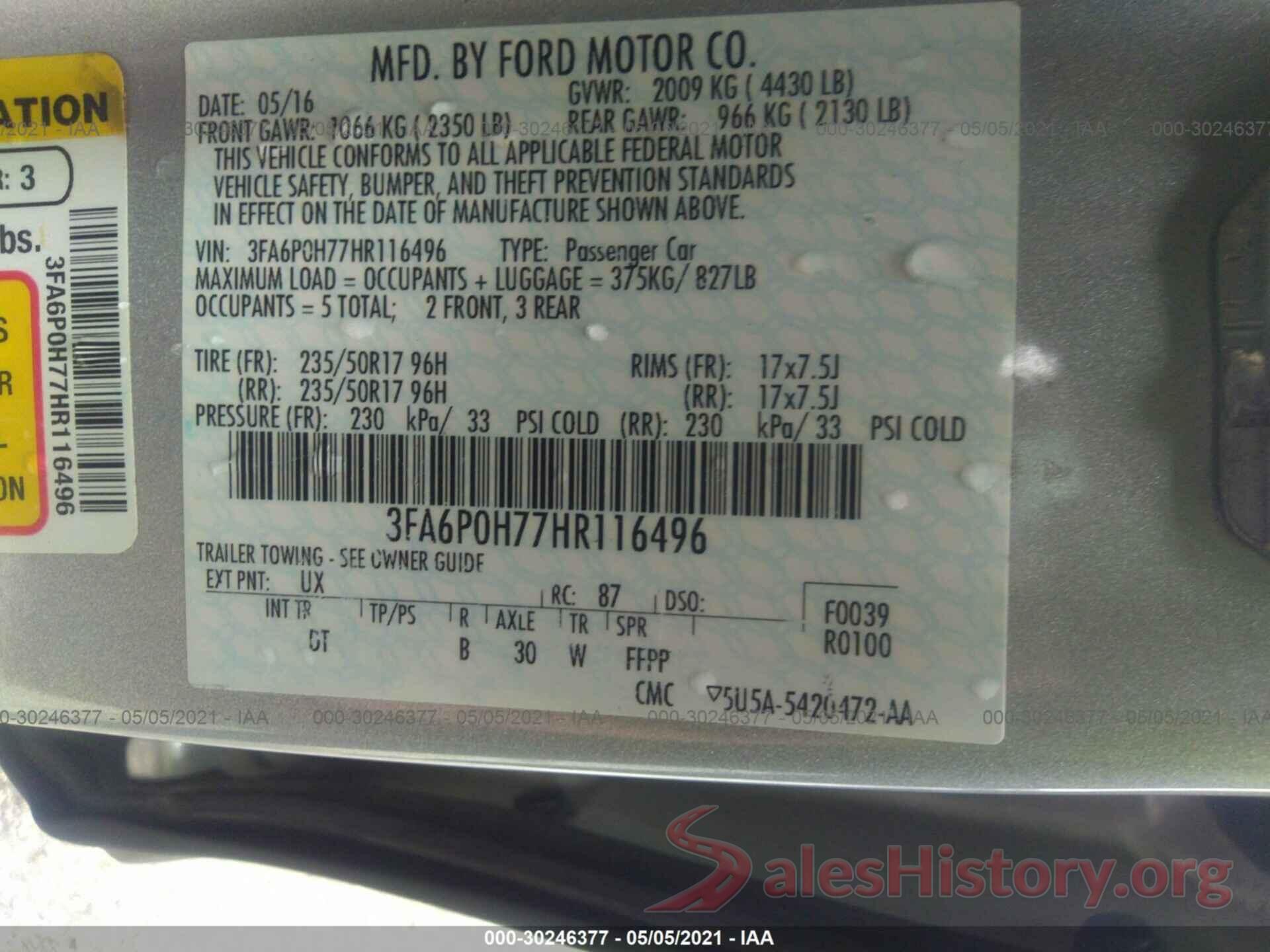 3FA6P0H77HR116496 2017 FORD FUSION