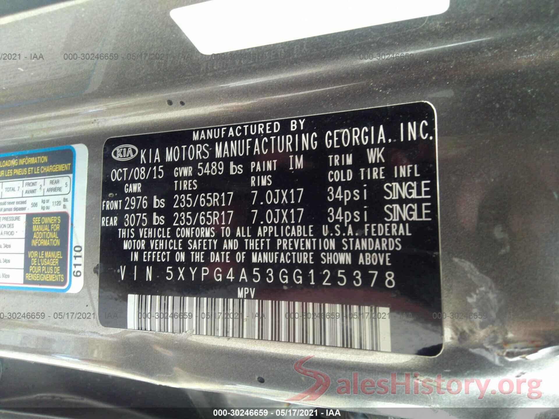 5XYPG4A53GG125378 2016 KIA SORENTO