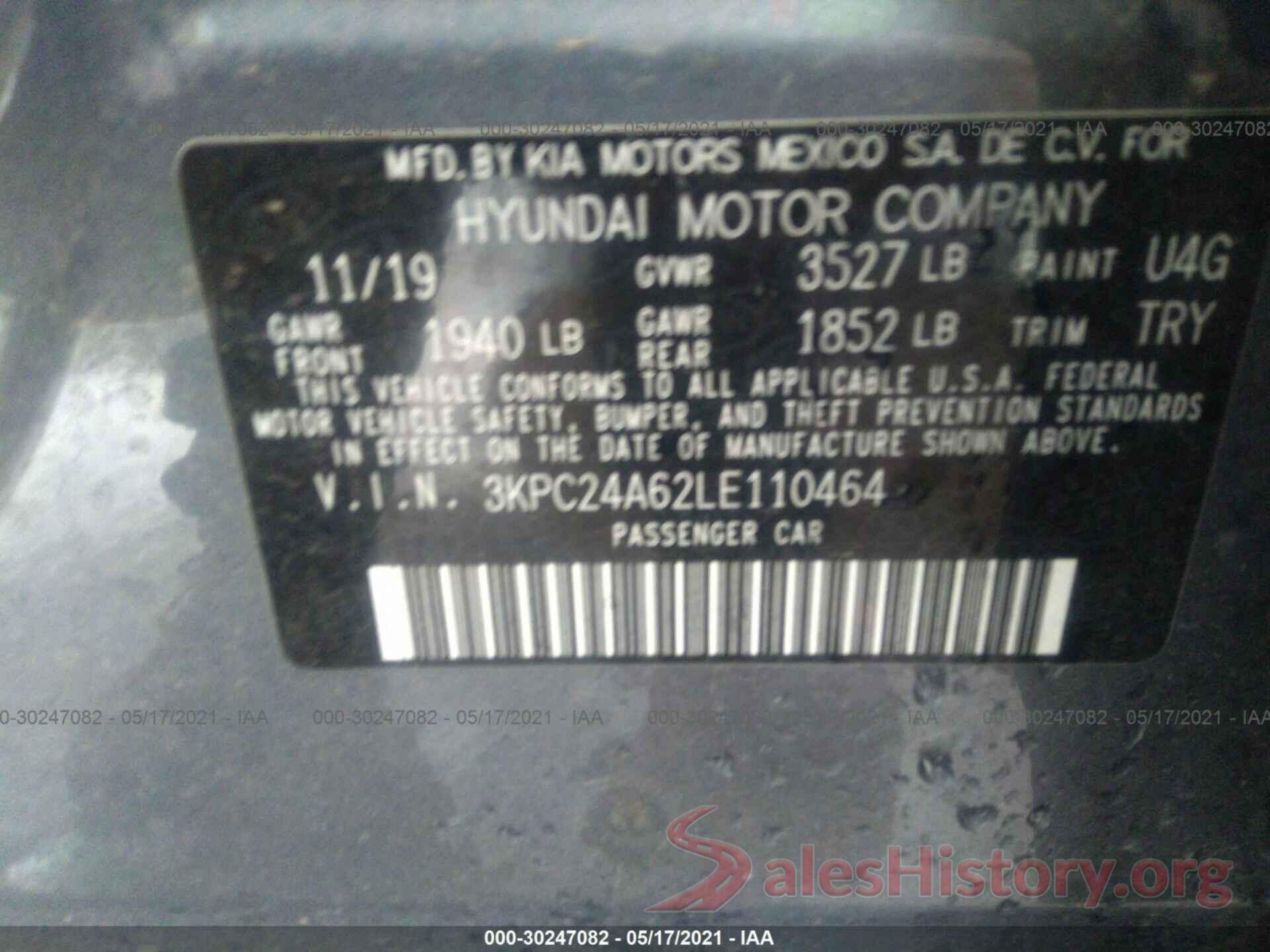 3KPC24A62LE110464 2020 HYUNDAI ACCENT