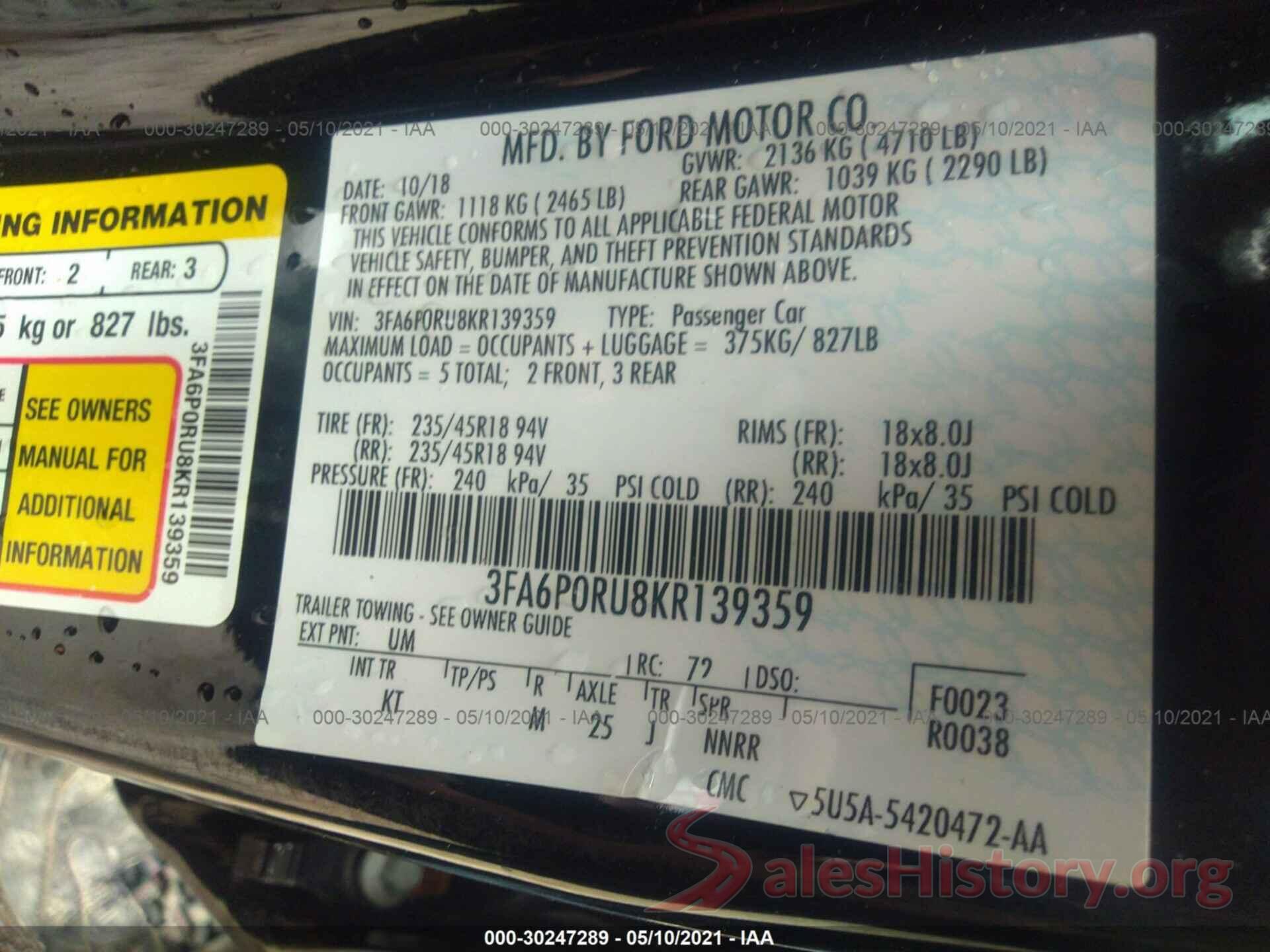 3FA6P0RU8KR139359 2019 FORD FUSION HYBRID