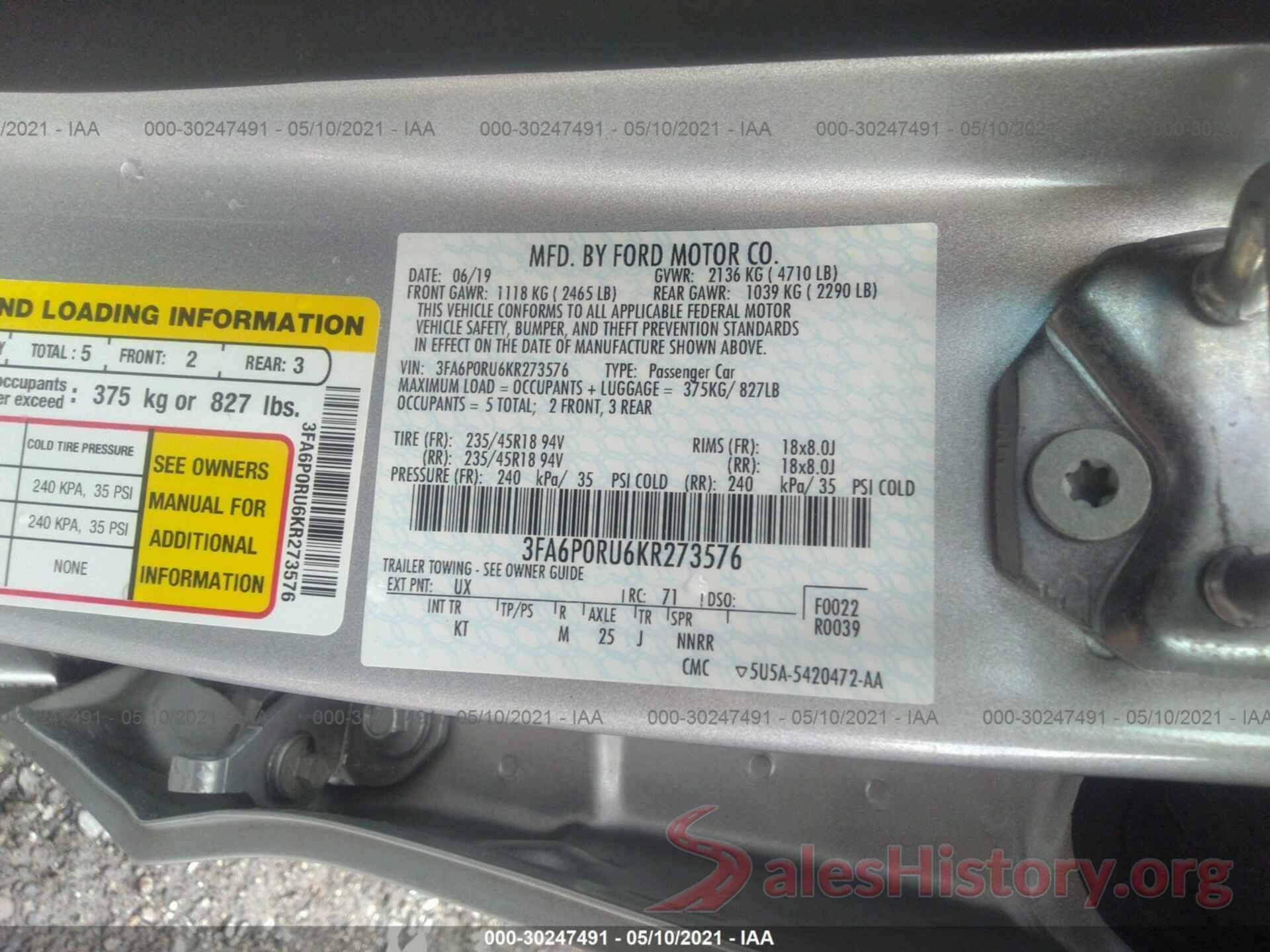 3FA6P0RU6KR273576 2019 FORD FUSION HYBRID