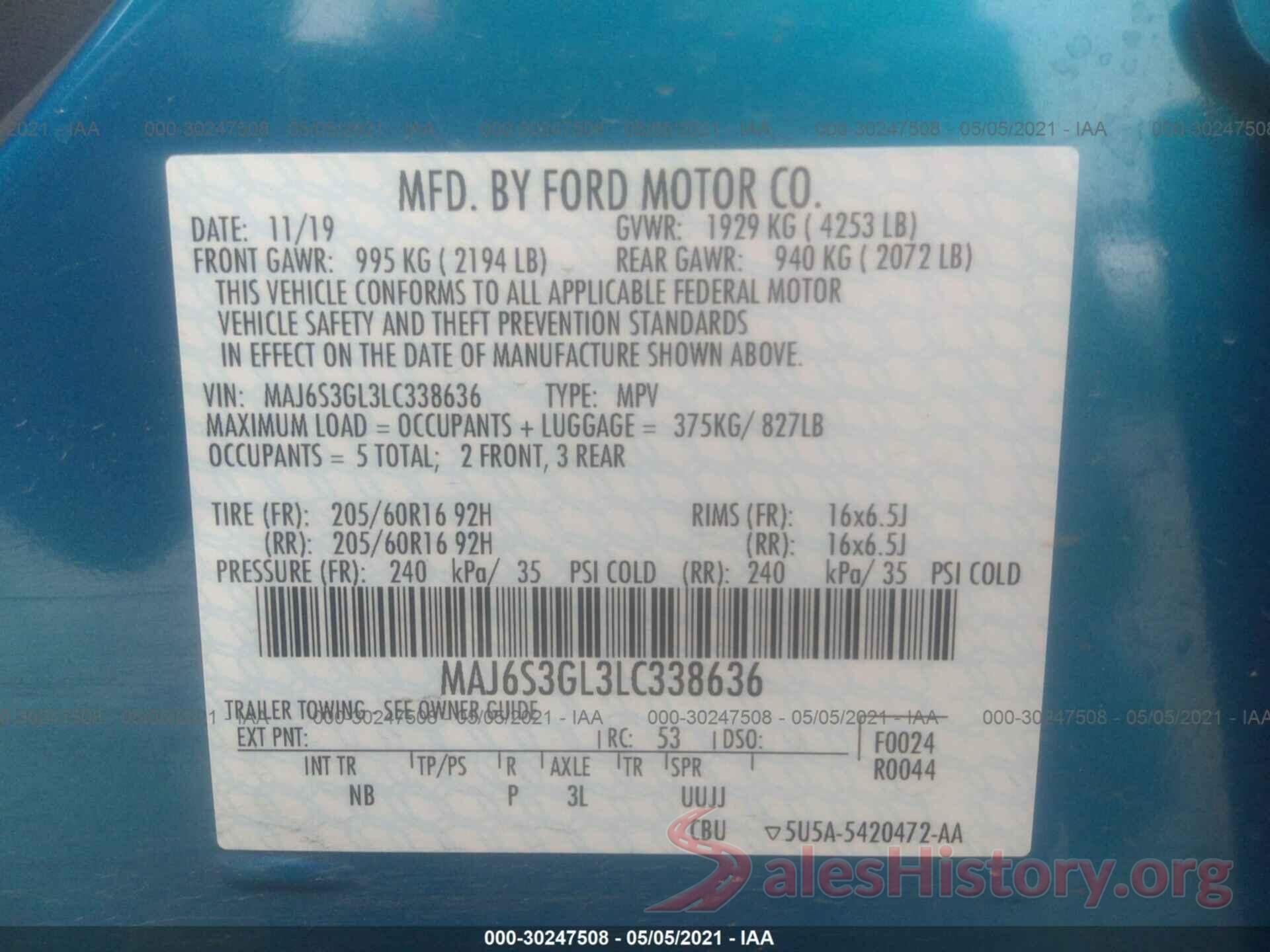 MAJ6S3GL3LC338636 2020 FORD ECOSPORT